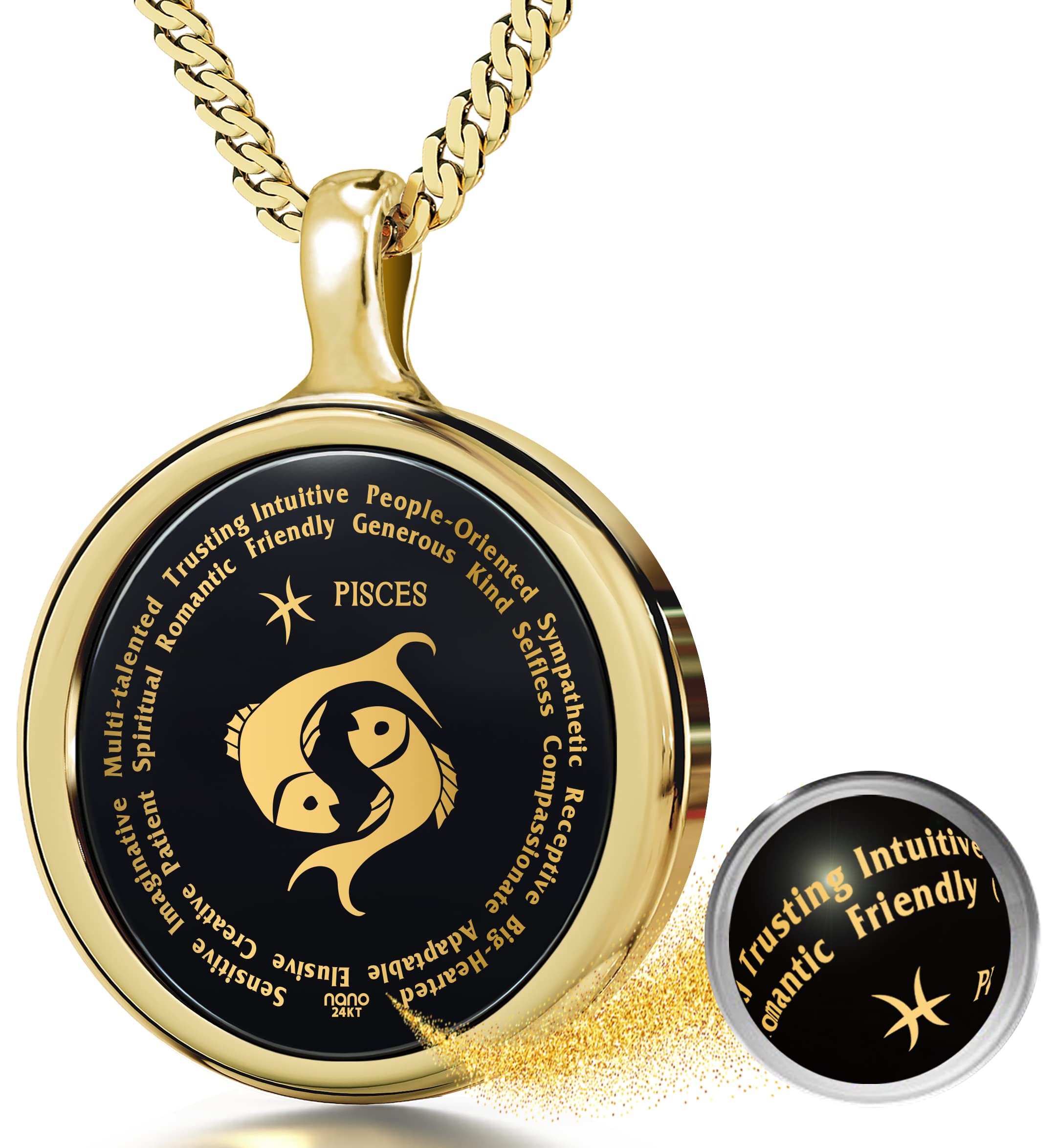 NanoStylePisces Necklace Zodiac Pendant for Birthdays 19th February to 20th March with Star Sign and Personality Characteristics Inscribed in 24ct Gold on Round Black Onyx Gemstone, 18" Rolo Chain