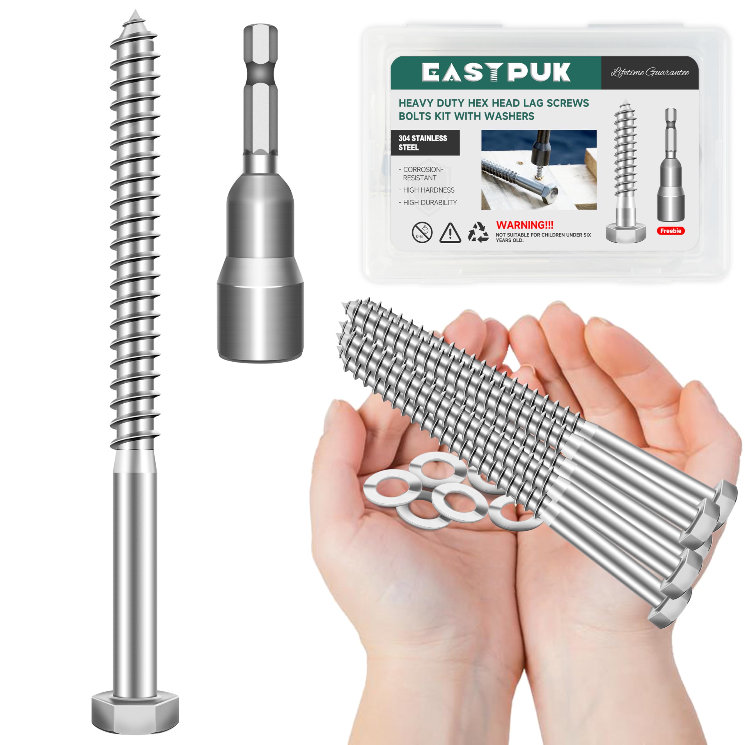 Stainless Steel Lag Screws - 8 Pack, 3/8" x 4" -26