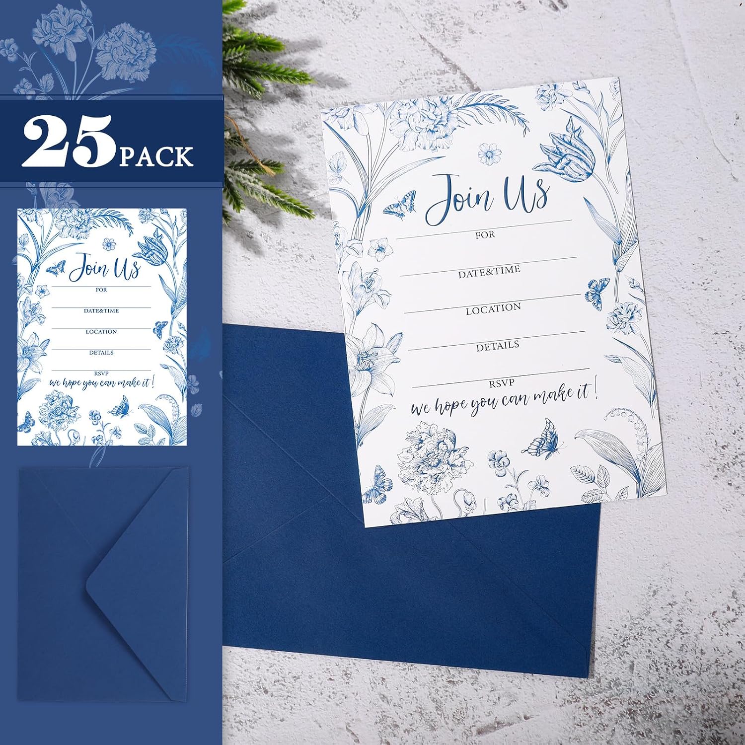 JarThenaAMCS 25 Pack Blue Floral Invitations with Envelopes Flower Butterfly Invitation Cards Chinoiserie Blank Invites for Wedding Birthday Bridal Baby Shower Party Supplies, 5 x 7 Inch