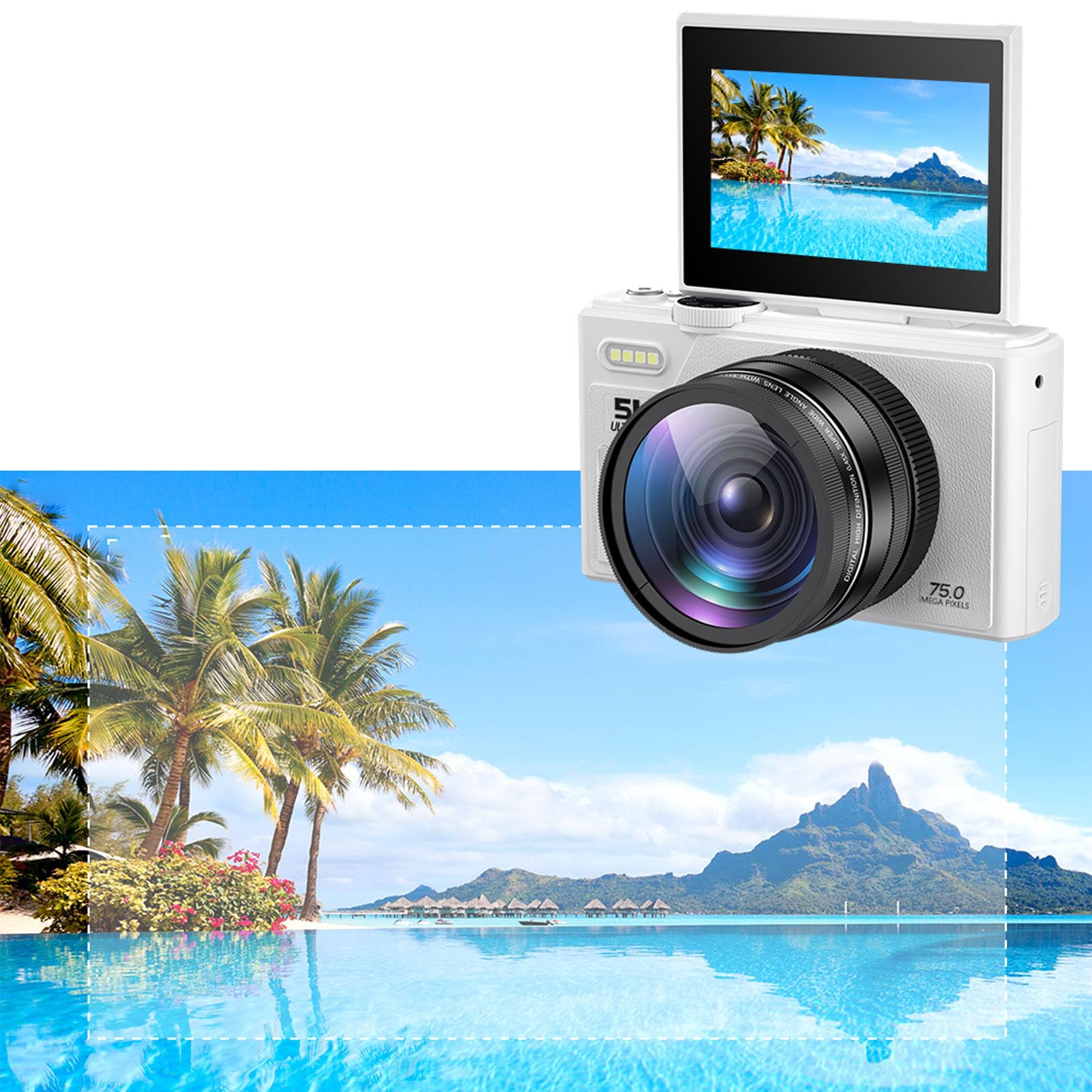 Tangxi Fotocamera Mirrorless 5K, Fotocamera Digitale da 75MP con Zoom Ottico 18X Messa a Fuoco Automatica, per Vlogging con Rilevamento Sorriso Antivibrazioni e Supporto Flip (WHITE)