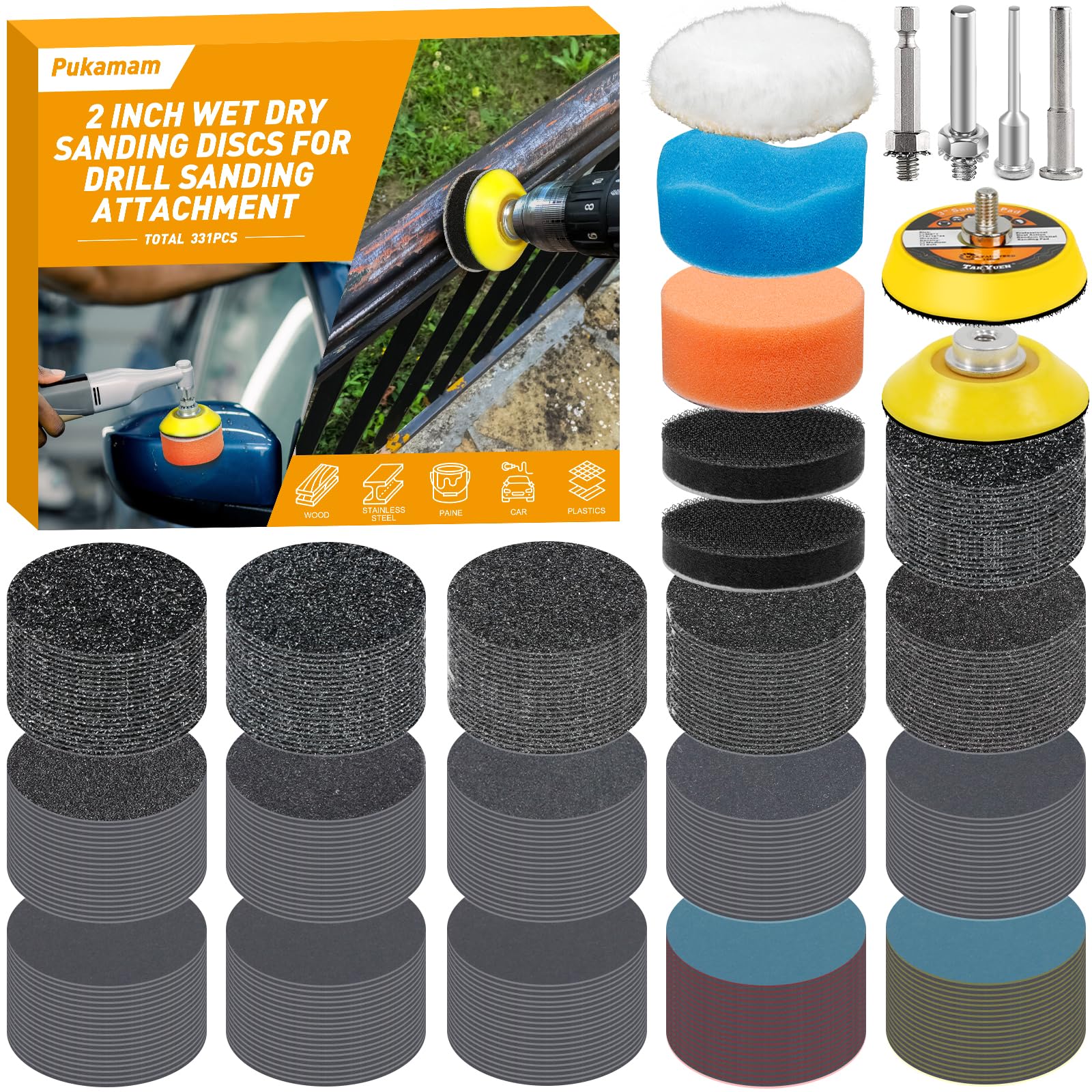 Pukamam 331pcs 50mm Wet Dry Hook and Loop Sanding Discs 60-10000 Grit Sandpaper for Drill Sanding Attachment Backing Pads Polishing Kit for Resin Wood Jewelry Metal