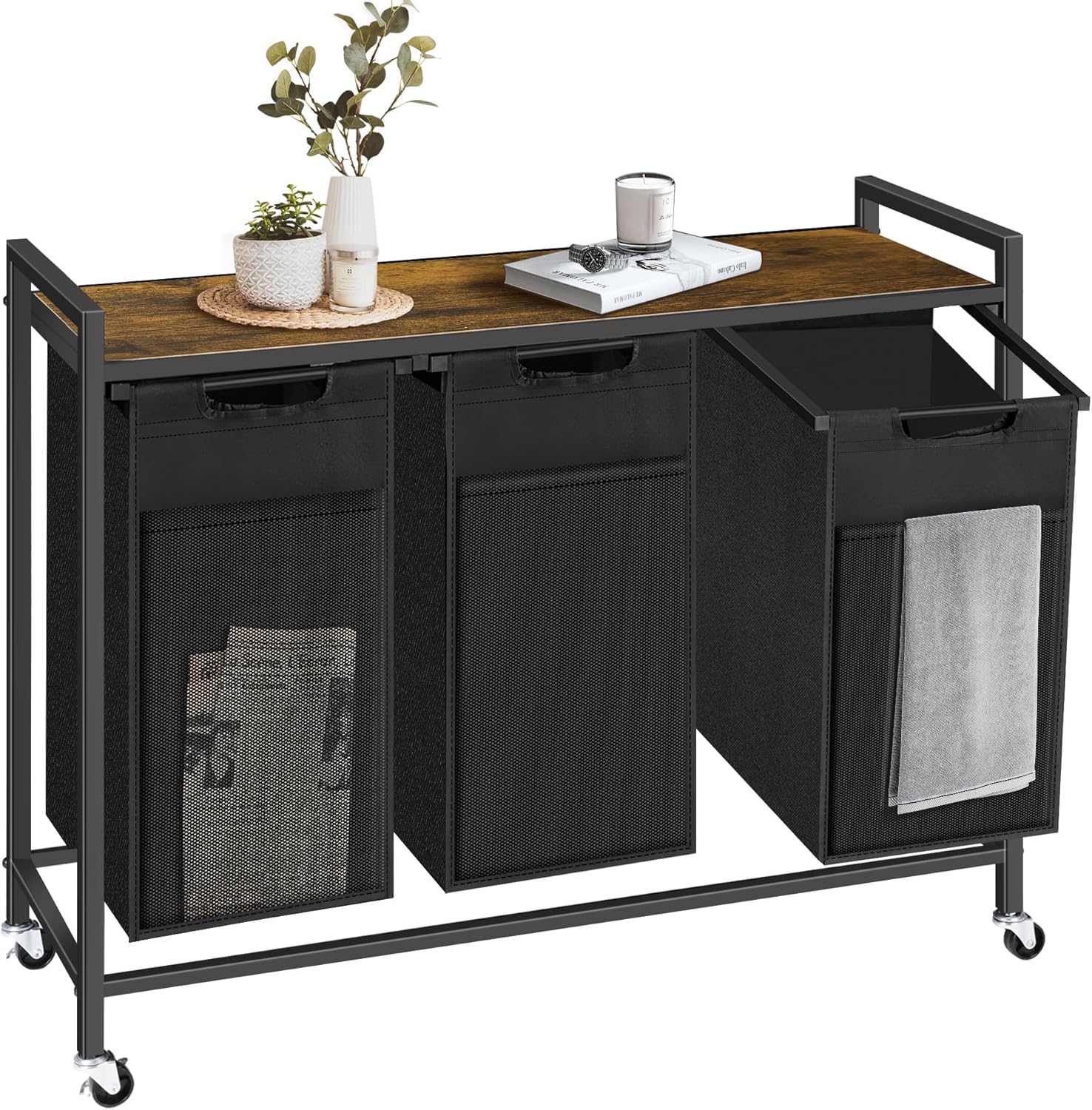 Laundry Hamper, Laundry Basket with 3 Pull-Out Removable Oxford Fabric Bags, 3 x 10.6 Gallons, Total 120L, Cloth Laundry Sorter with a Top Shelf 36.4"x13" (Black and Rust)