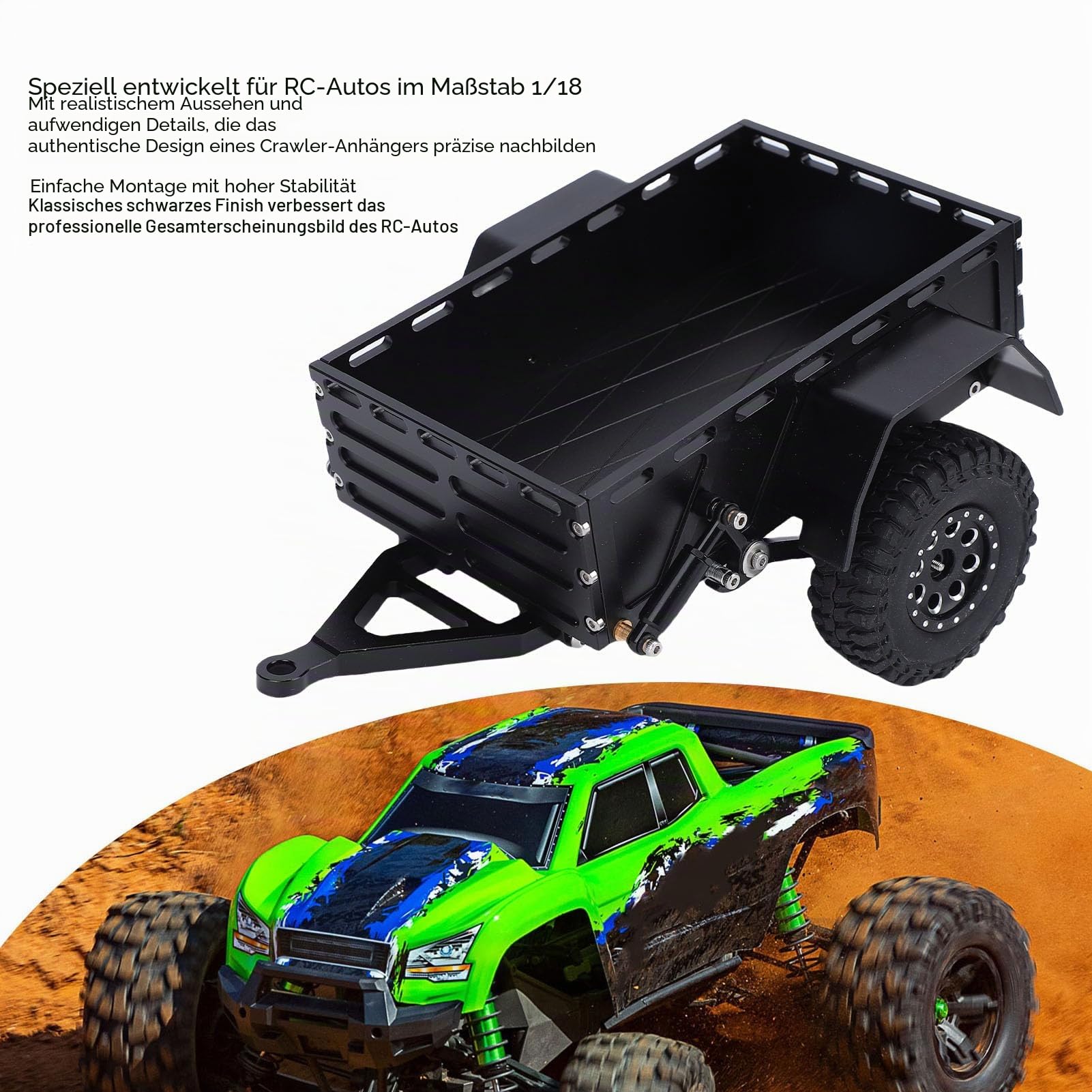 Jiawu RC-Anhänger zum Ziehen hinter dem Auto – Metallanhänger mit Anhängerkupplung für 1/18 RC Crawler, Upgrade aus Aluminiumlegierung, 1/18 RC Crawler Zubehör, Auto-DIY