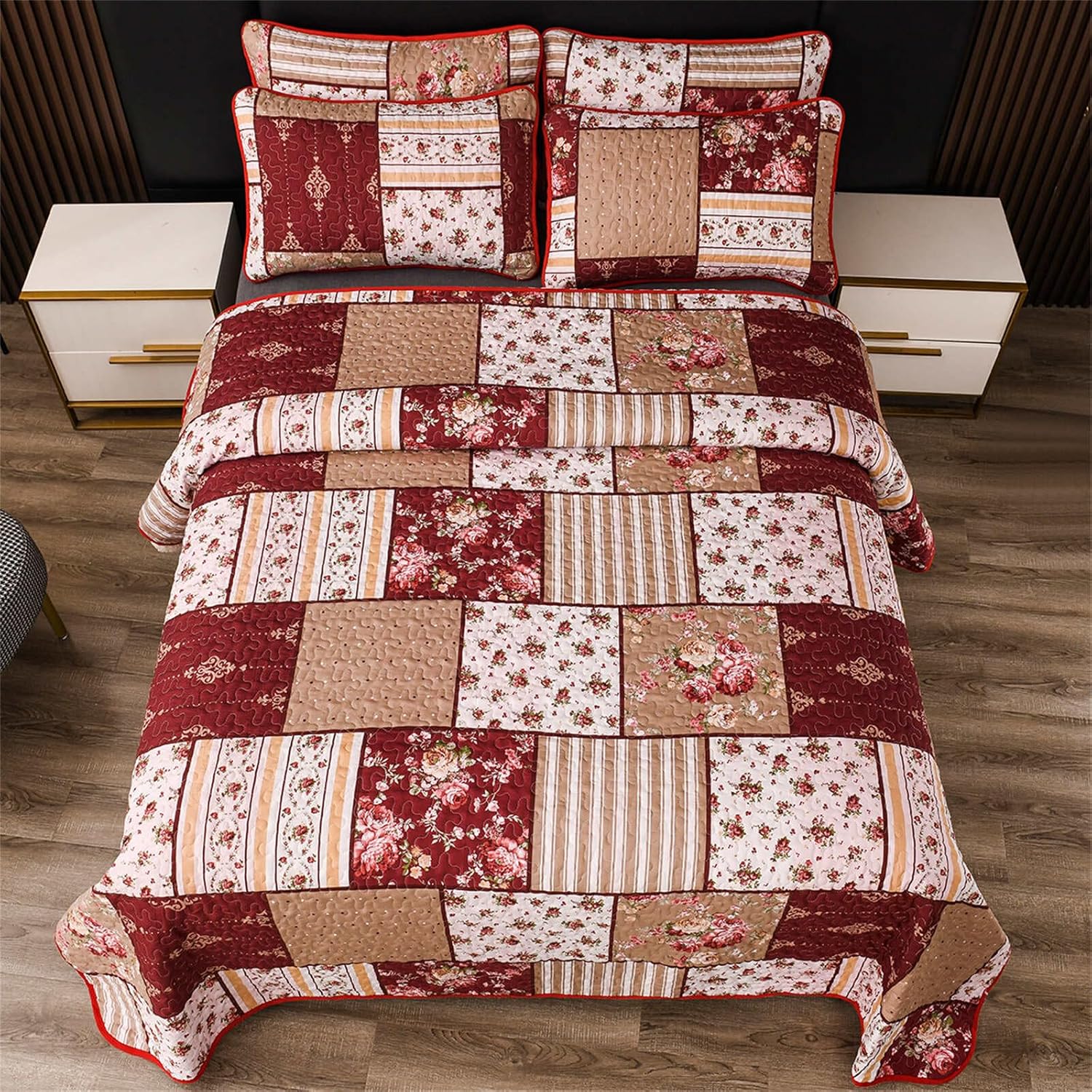 3 Pieces Floral Plaid Patchwork Bedding Quilt Set King Red Brown White Plaid Patchwork with Peony Flower Quilted Bedspread Coverlet Set Soft Lightweight Microfiber Bed Cover Set for All Seasons - Image 3