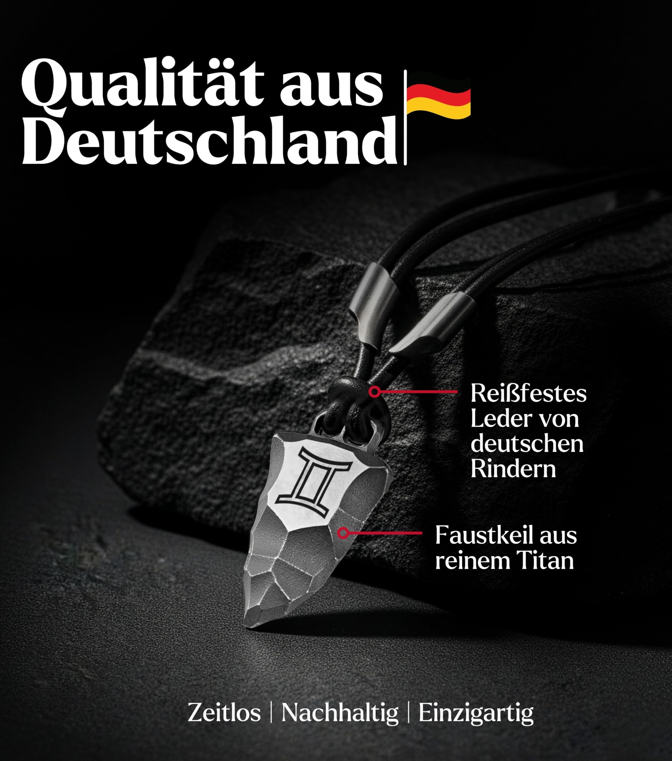 Titan-Anhänger Faustkeil mit Sternzeichen nach Wahl – Maskuline Herren-Halskette aus schwarzem Lederband und robustem Titan – Astrologie Schmuck & Zodiac Geschenk für Männer