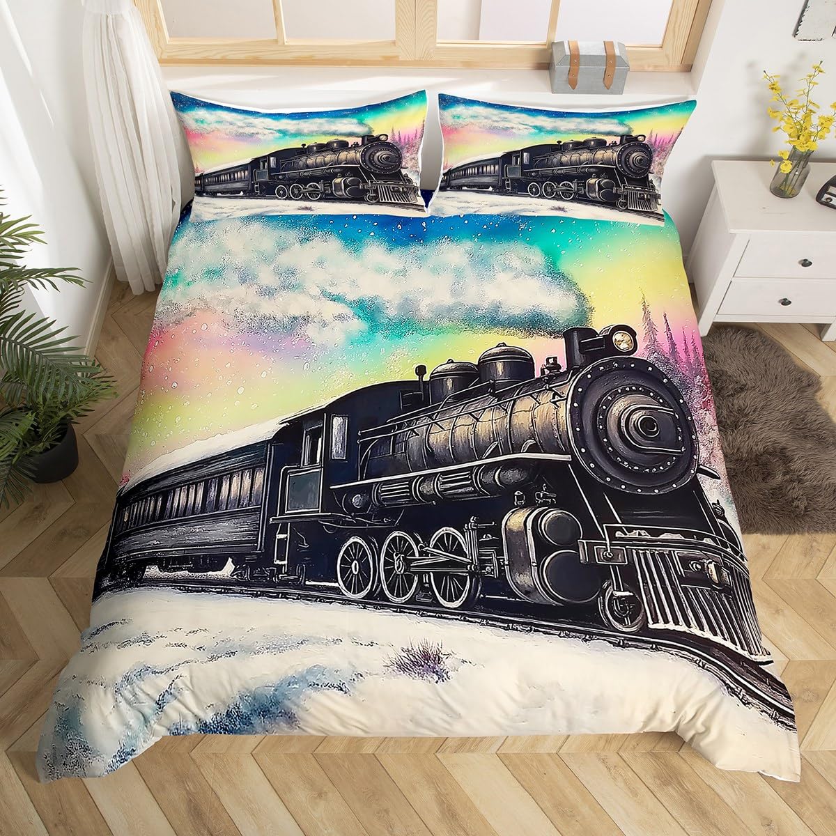 Aurora Train Single Bedding Set,Railroad Steam Train Duvet Cover for Kids Boys Girls,Transportation Vehicle Duvet Cover Winter Snow Scene Bed Set 2Pcs Room Decor (No Comforter)