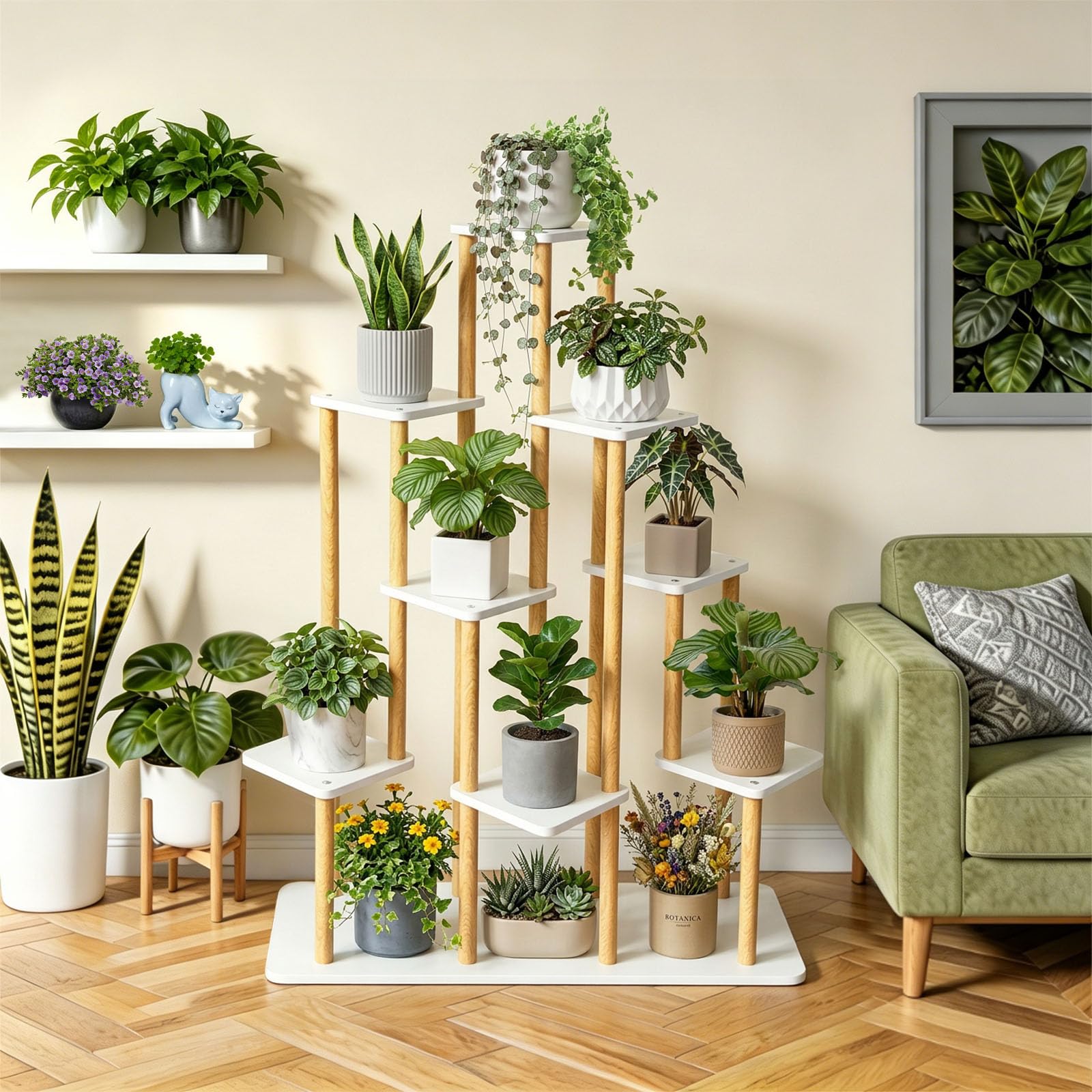 9 Ebenen Blumenständer Pflanzenständer, Mehrstöckig Hölzern Pflanzen | Display Regal Dekoration, Platzsparendes Pflanzenregal für Wohnzimmer, Balkon und Garten