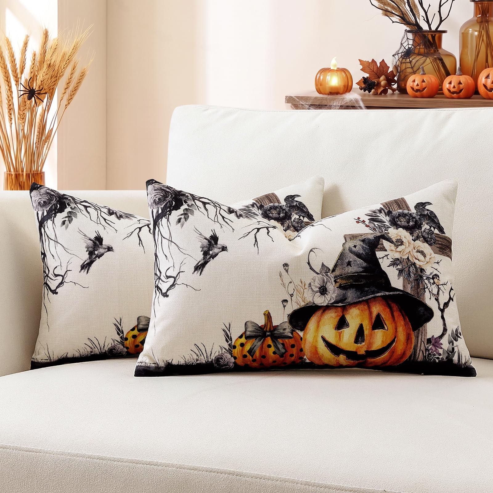 Artscope Halloween Cushion Covers 30x50cm, Set of 2 Autumn Pillowcases Halloween Pillow Covers for Sofa Living Room Holiday Party Fall Decor Pumpkin Cross Flower Crow