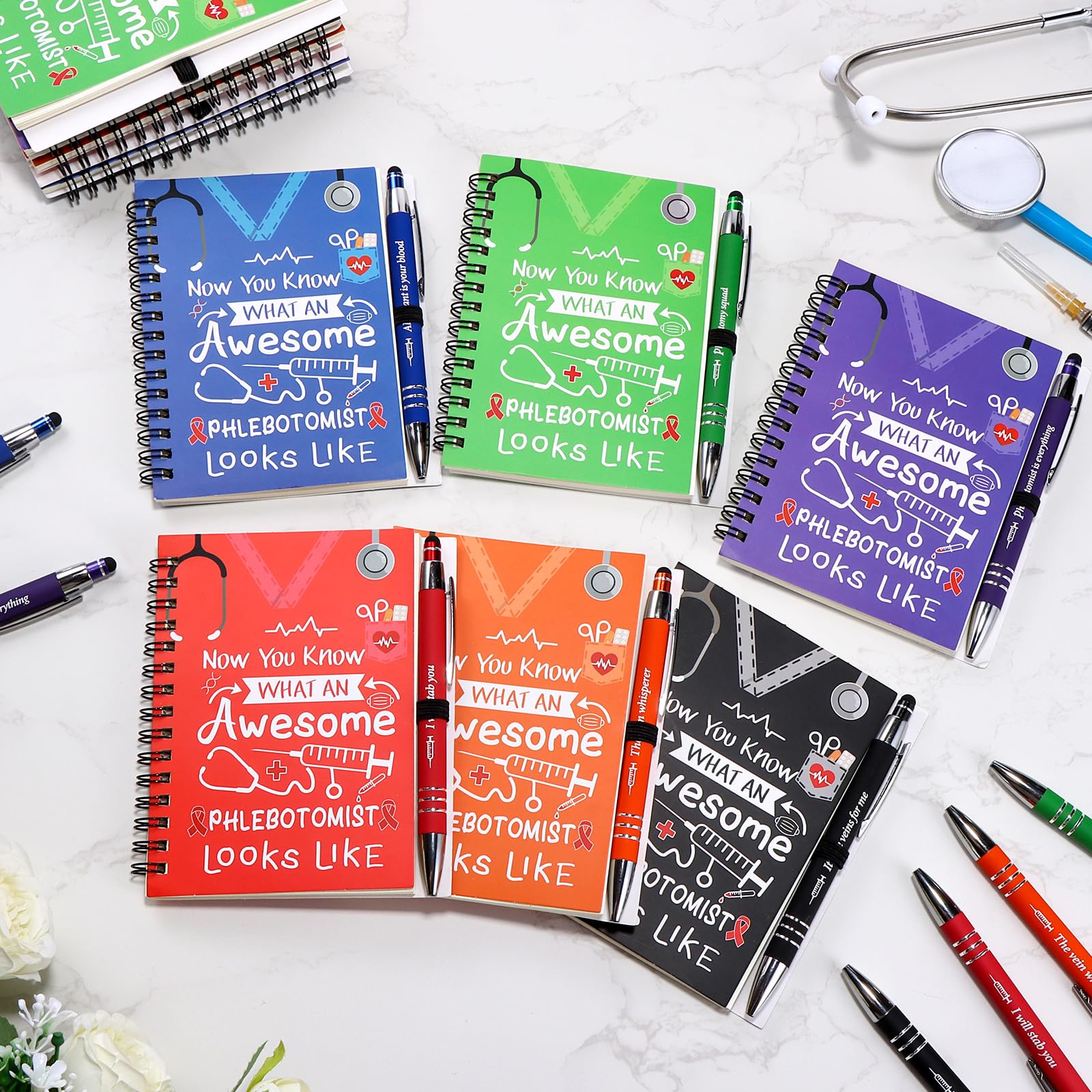 12 Sets Phlebotomist Week Gifts Phlebotomy Pens with Notebooks Inspirational Spiral Notebook Journal Ballpoint Pen Bulk Thank You Gifts for Nurse Coworkers Nursing Staff Student Medical Assistant