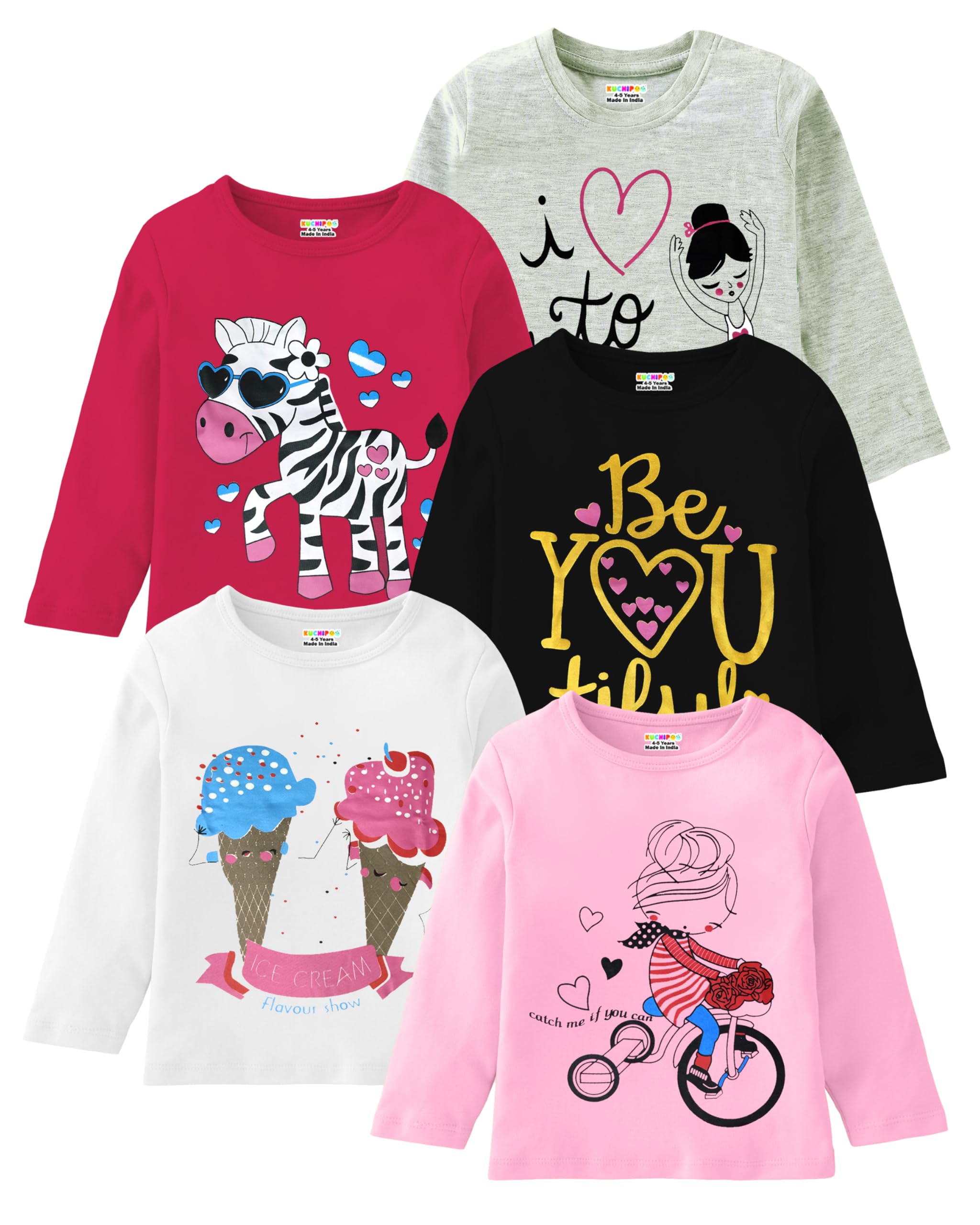 Kuchipoo Girls Full Sleeves Regular Fit Cotton T-Shirt