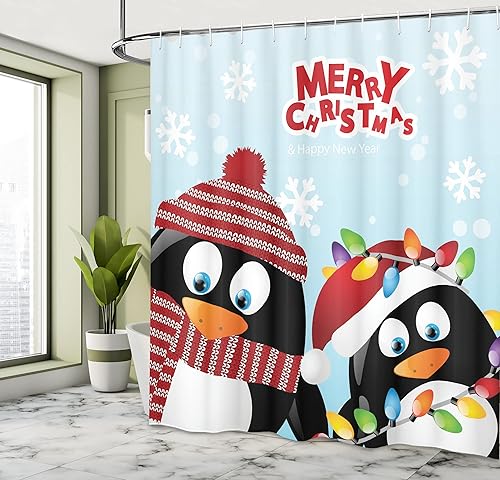 Miniatura 27 de Ambesonne Cortina de ducha de Navidad, estilo retro, palabras de deseos de Navidad con forma de árbol con adornos, juego de decoración de baño de
