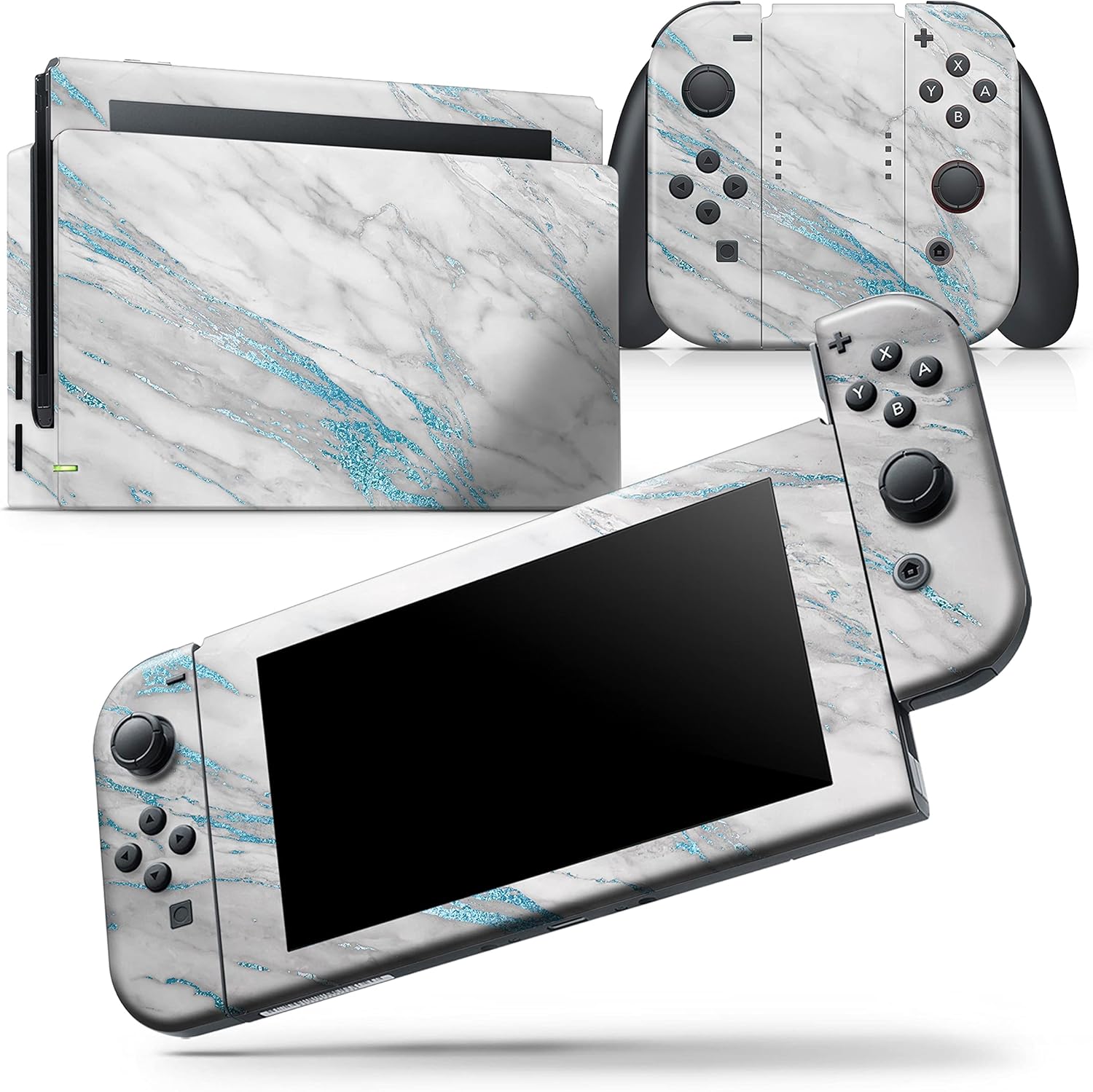 Design Skinz - Compatible with Nintendo Switch Console Bundle - Skin Decal Protective Scratch-Resistant Removable Vinyl Wrap Cover - Marble & Digital Blue Frosted Foil V8