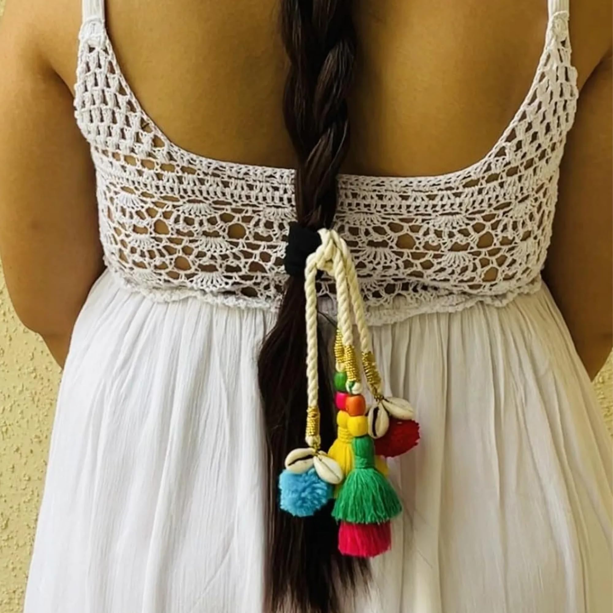 MILAPARK CRAFTS Boho Hair Scrunchie with Hanging Tassels, Pom-Poms & Cowrie Shells | Ethnic Decorative Hair Tie for Women & Girls | Perfect for Buns, Braids & Navratri Festive Hairstyles 3