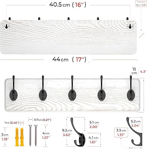 Miniatura 2 de Perchero rústico para montaje en pared, de 16 pulgadas de agujero a agujero, de madera maciza de pino blanco, colgador de pared con 5 ganchos