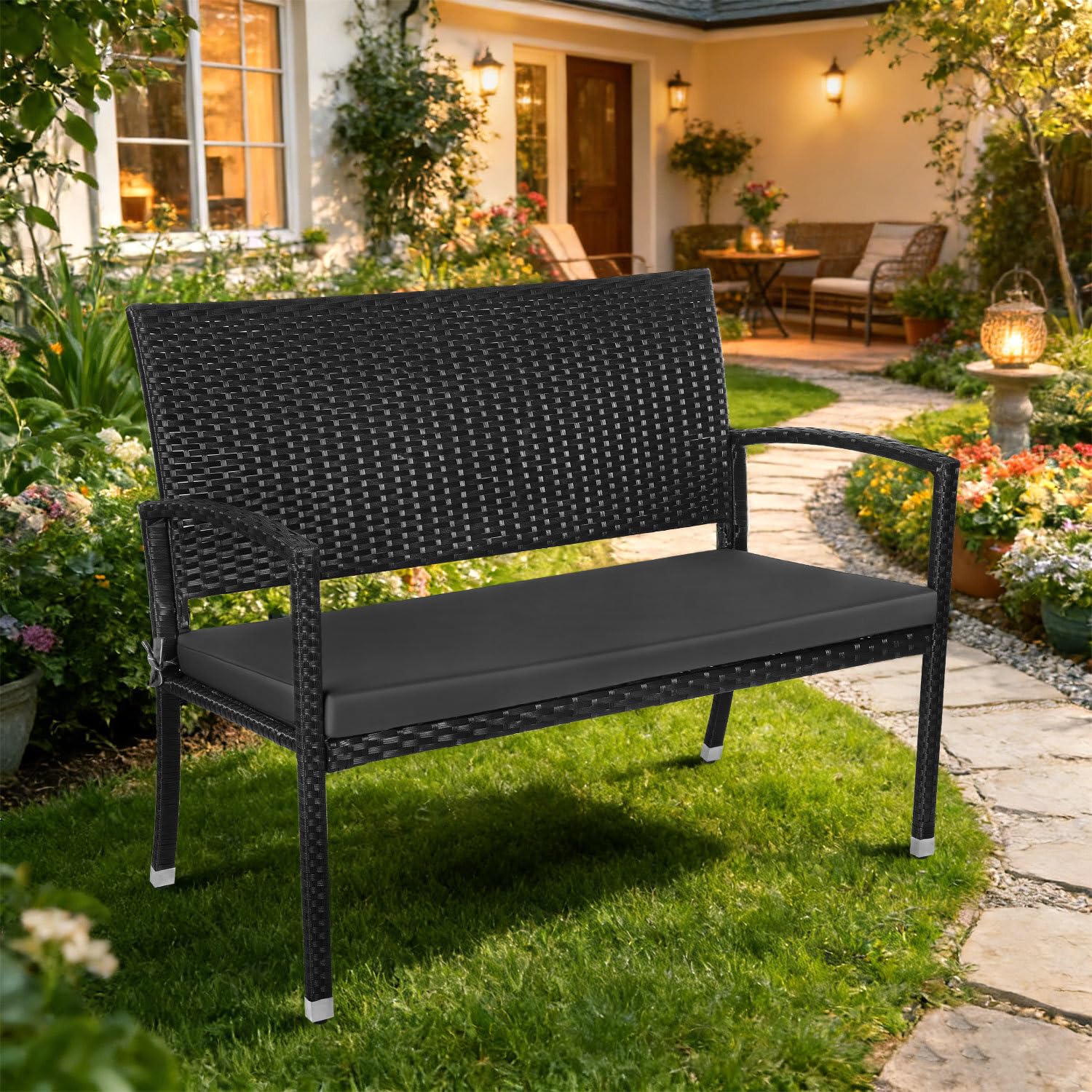 Gartenbank Polyrattan wetterfest mit Kissen, 2-Sitzer Balkonbank bis 227 kg belastbar, 112 x 58 x 90 cm, outdoor bank mit Rückenlehne und Armlehnen,Sitzbank für Balkon und Terrasse，Schwarz