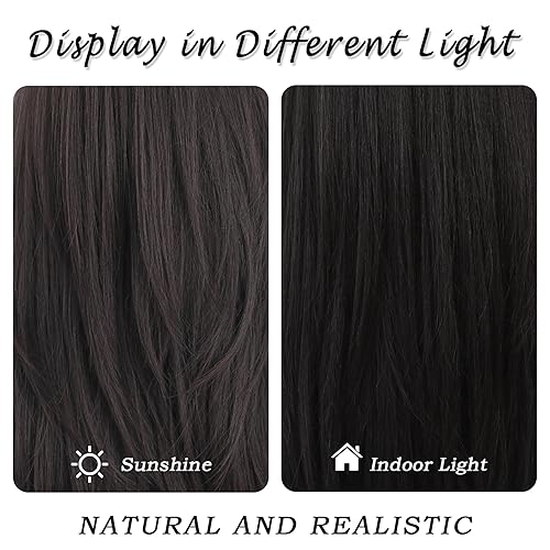 Miniatura 6 de 7JHH WIGS Peluca larga ondulada negra natural en capas con flequillo de cortina, sintética de alta densidad, resistente al calor, peluca recta para