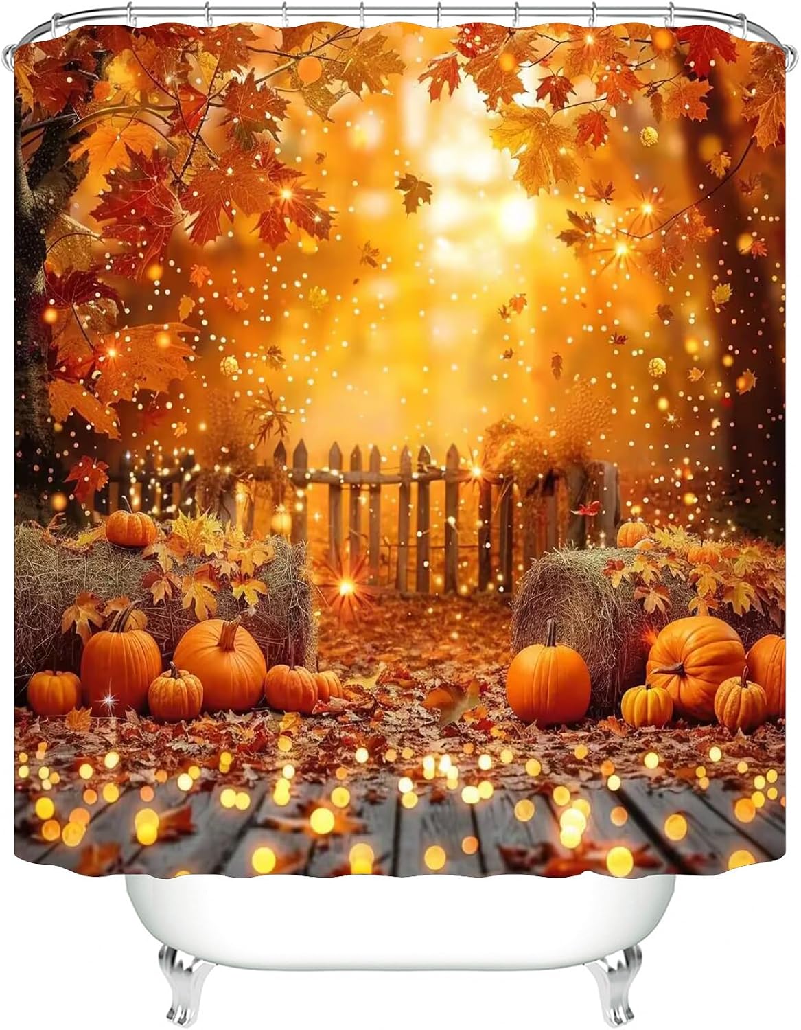 4PCS Thanksgiving Shower Curtain Bathroom Sets with Rugs, Toilet Lid Cover and Bath Mat, Autumn Shower Curtain with 12 Hooks, Pumpkin Maple Leaves for Thanksgiving Bathroom Decor Set