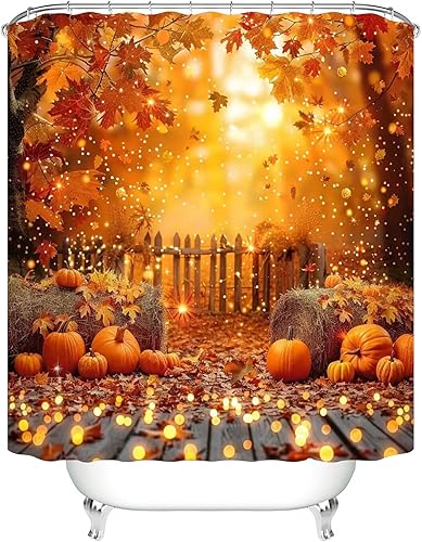 Miniatura 8 de Juego de 4 cortinas de ducha de otoño con alfombras, cubierta de tapa de inodoro y tapete de baño, cortina de ducha de otoño con 12 ganchos, cortina