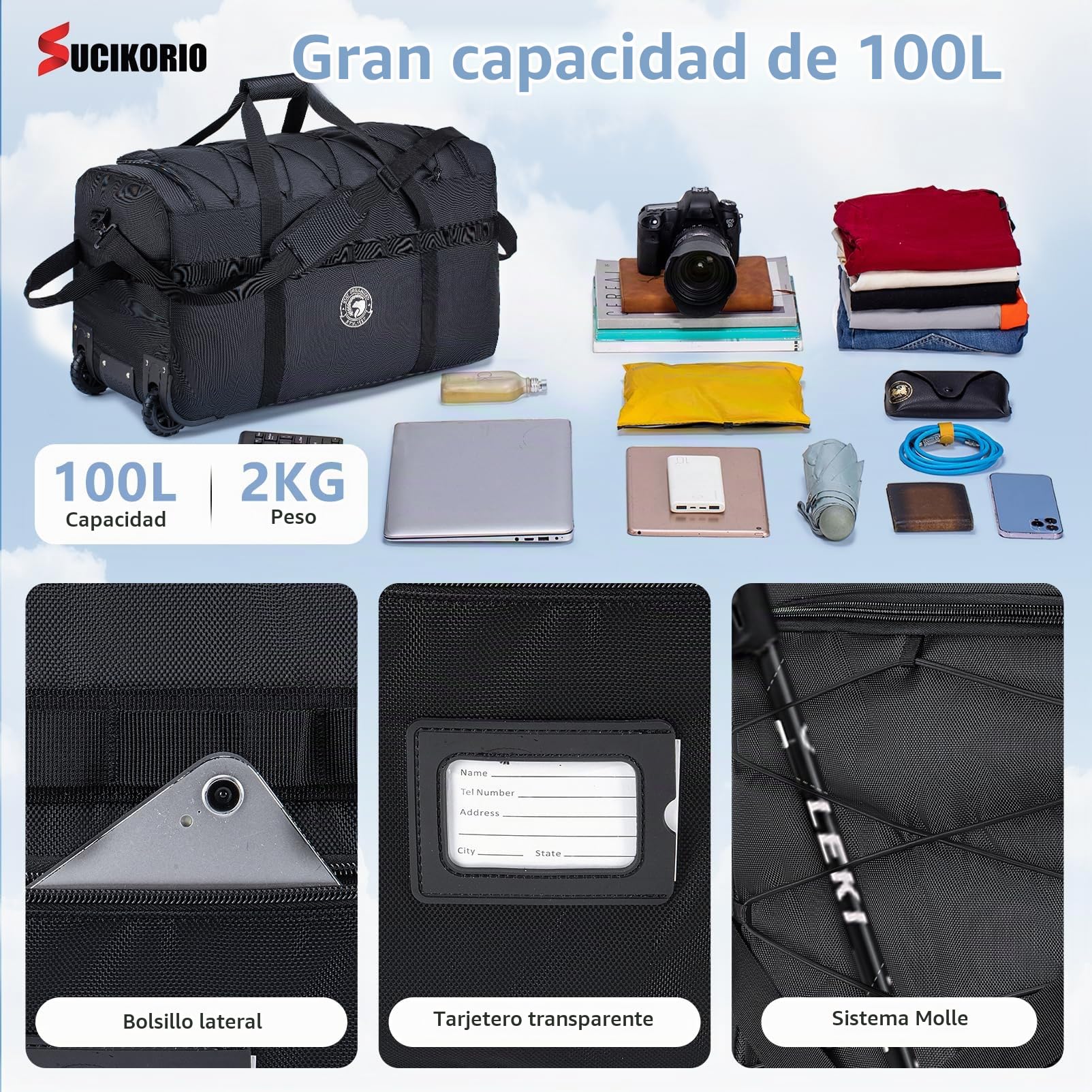 Plegable Bolsa de Viaje con Ruedas Impermeable 100L XXL Bolso de Mano Viaje con Candado de Combinación Grande Bolsos de Equipaje Fin de Semana Travel Bag para Cámping Deporte Mujer Hombre