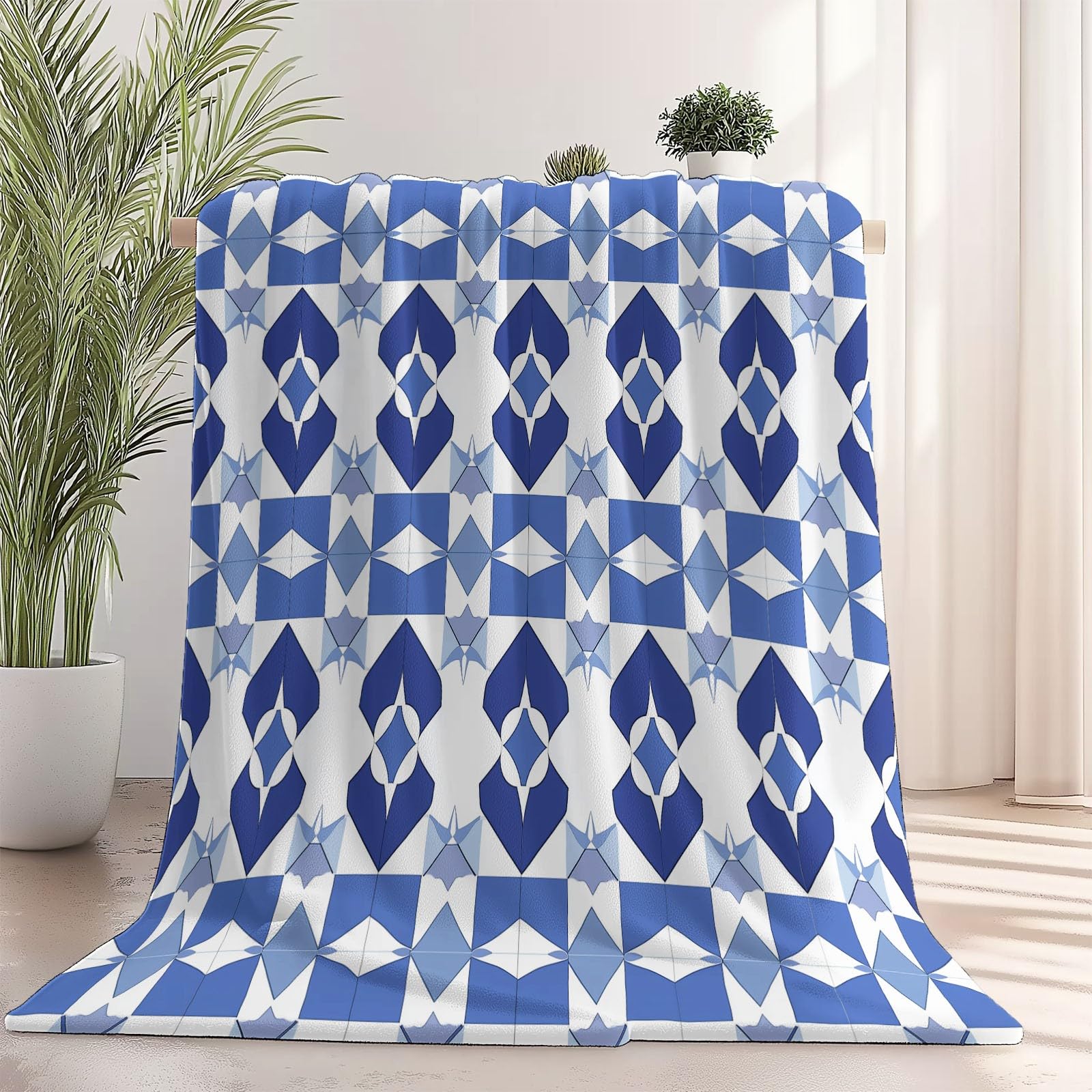 Manta Polar con Estampado Geométrico Azul, Minimalist para Sofá de Microfibra Manta de Felpa Suave Manta de Cama o de Sala de Estar 180x200 cm