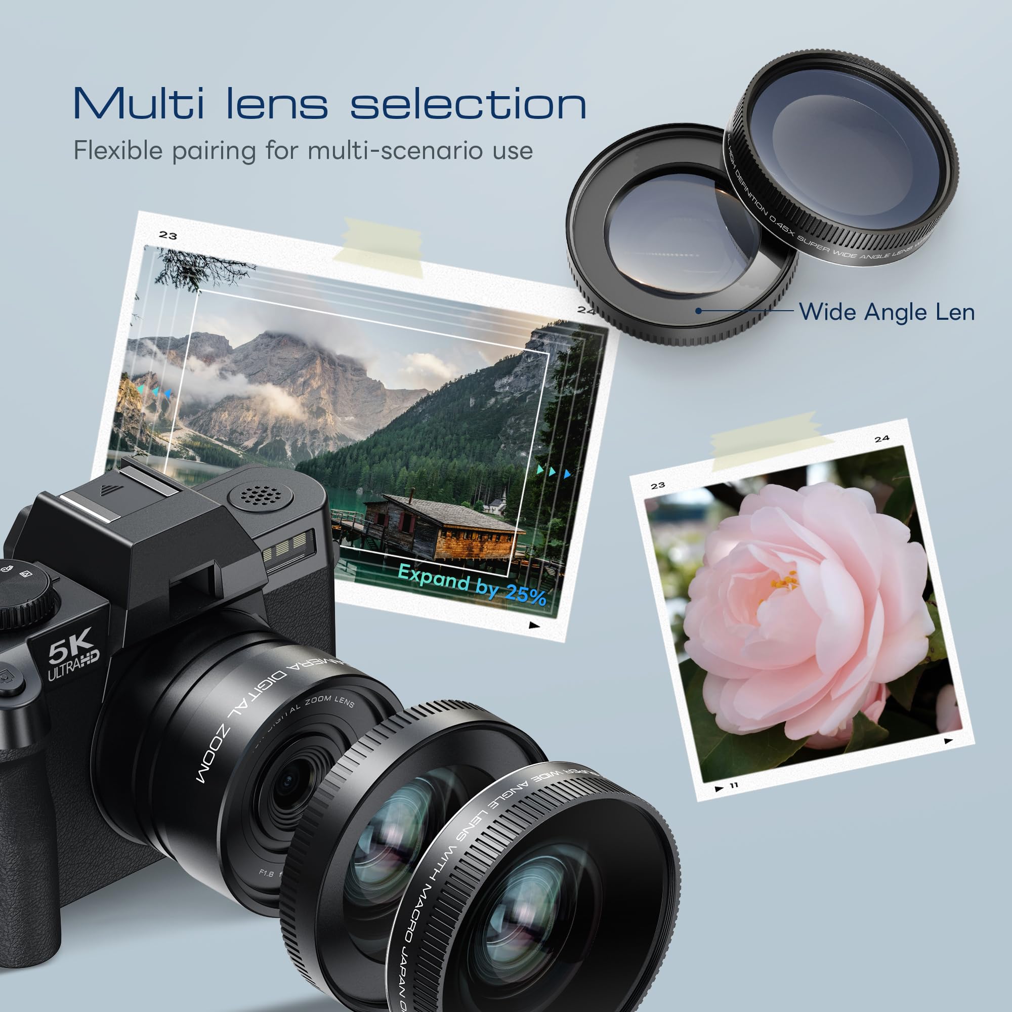 Appareil Photo numérique 5K 64MP caméra de WiFi vlogging | Youtube contrôlée par et Application, Appareil Photo Compact avec Carte TF 64 Go, objectifs Grand-Angle et Macro