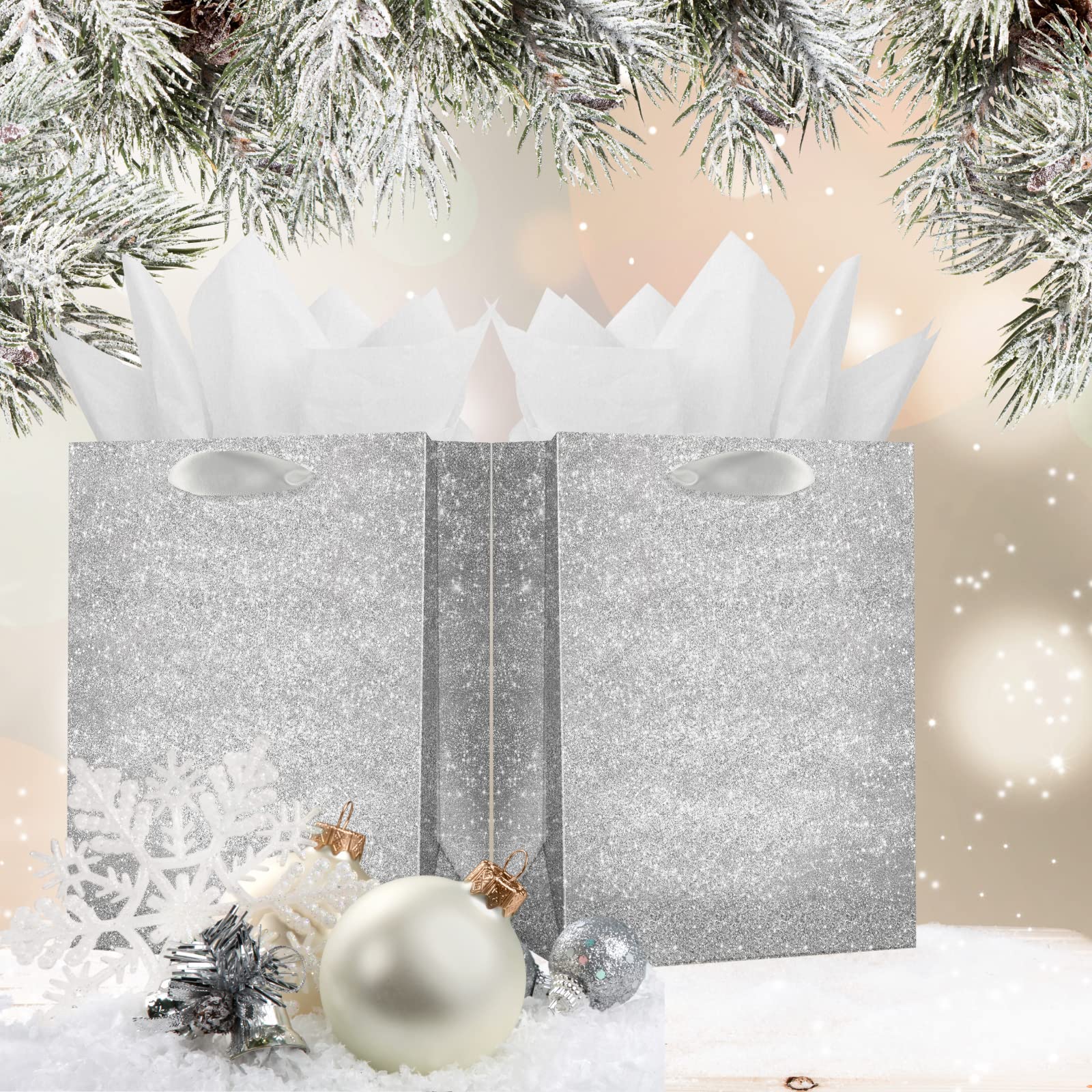 UNIQOOO 12Pcs Embossed Silver Glitter Christmas Gift Bags with 24 Tissue Paper Bulk, M 9x7 Inch, Xmas Silver Gift Wrap Bags, Wedding Bridal Baby Shower Favor Bag Gift Packaging, Birthday Holiday Party