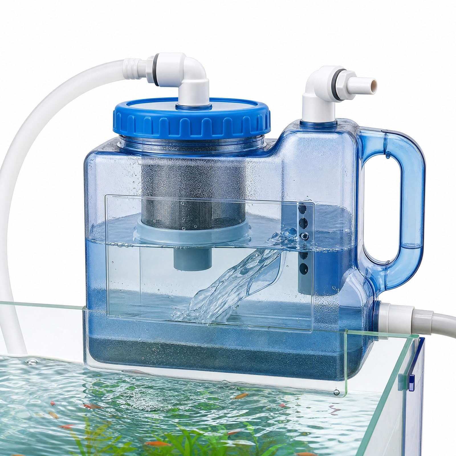Raccoglitore Esterno di scarti e separatore di rifiuti organici per acquari | Camera di ispezione semitrasparente, doppio tubo diffusore, scarico sul fondo, rete in acciaio inox(12mm)