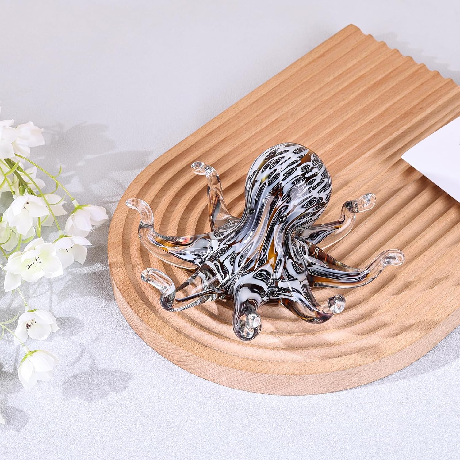 LCCCK Glass Octopus Statue Home Decor, Hand Blown Glass Decor Ocean Figurines Octopus Sculpture, Murano Art Office Desk Paperweights Fish Tank Aquarium Sea Animals Christmas Birthday Gift (Black)