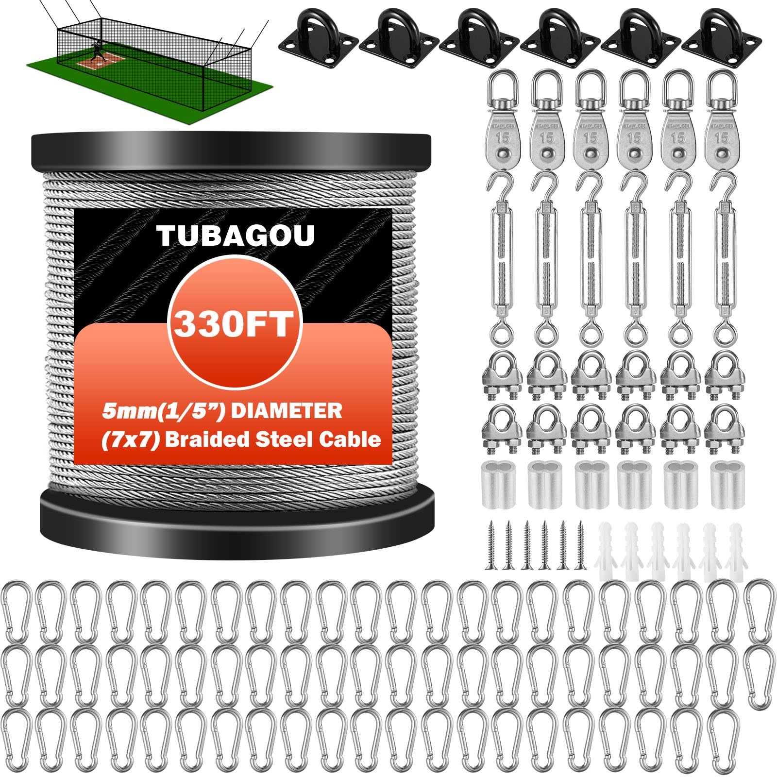 TUBAGOU 304 Stainless Steel Batting Cage Cable Kit – Batting Cage Netting Wire Tension Kit for Baseball Softball DIY Net Hanging Kit Indoor and