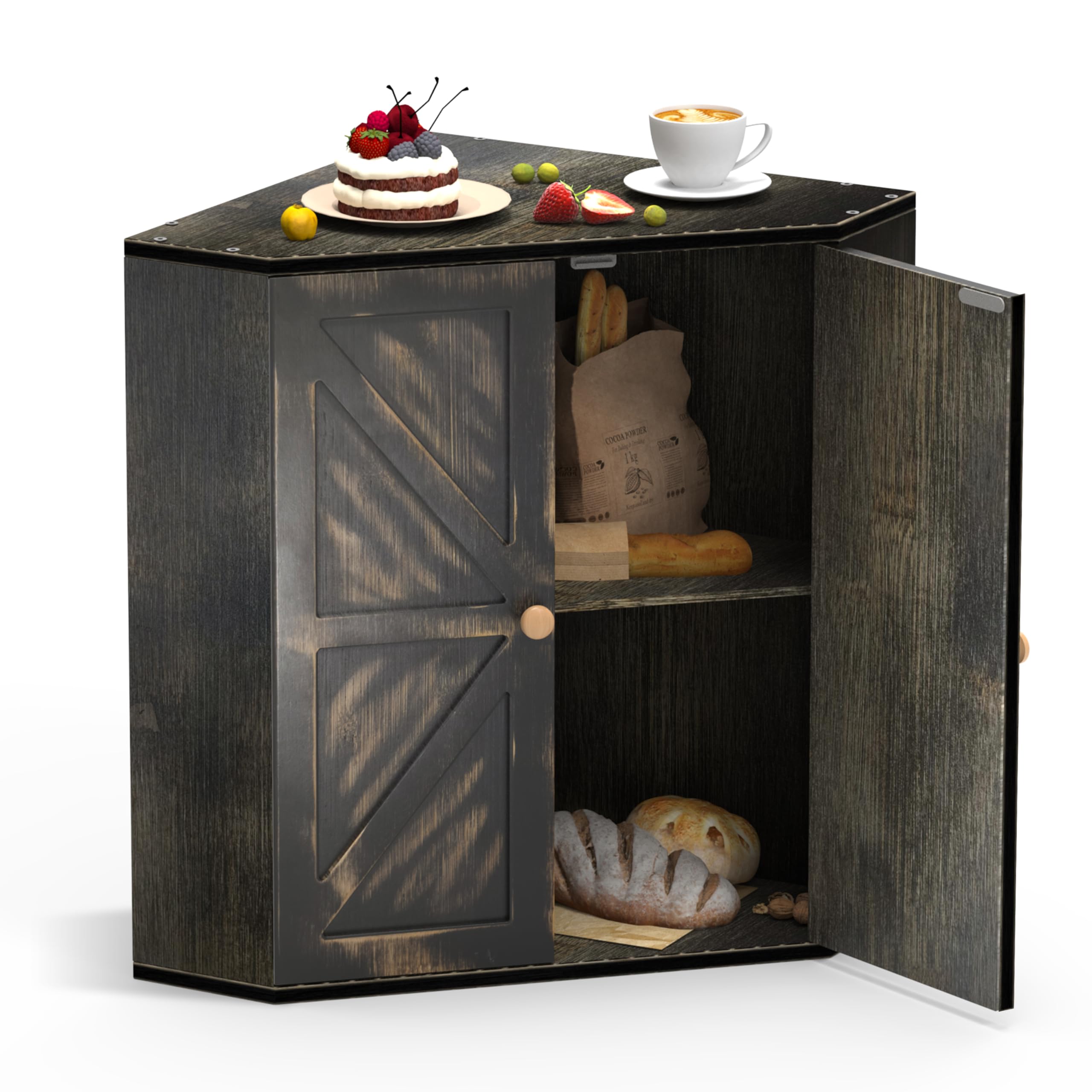 Corner Bread Box for Kitchen Counter Double Layer Bamboo Bread Storage Container Large Capacity Bread Storage Bin Farmhouse Breadbox Organizer (Antique Black)