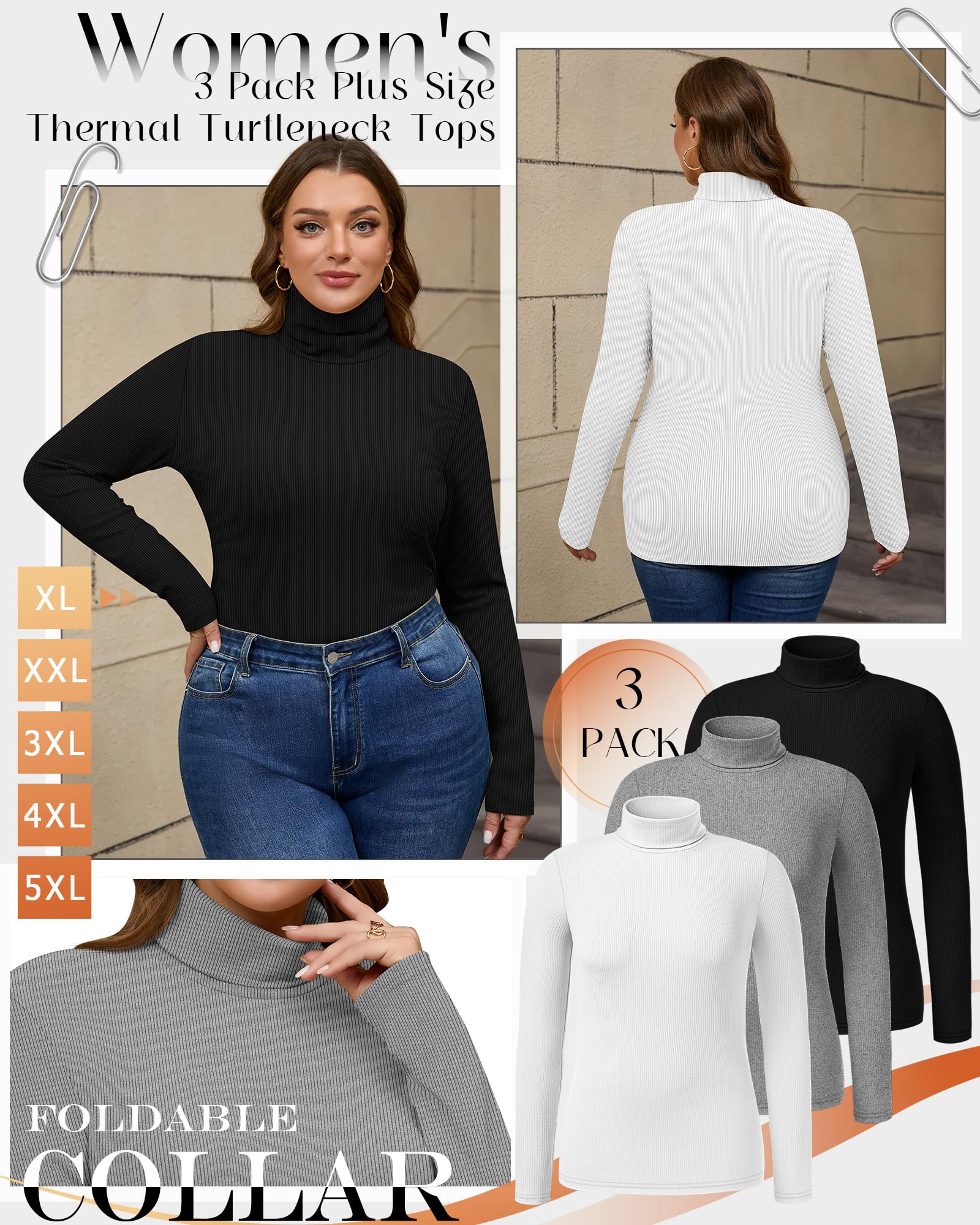 Ficerd Lot de 3 Hauts Femme Grandes Tailles | T-Shirts Manches Longues Côtelés, Sous-Pull Thermique, Coupe Slim, Extensible, Vêtement d'Hiver
