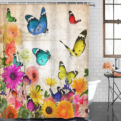 Miniatura 9 de Subwest Juego de 4 cortinas de ducha con diseño de gnomo, lindo tarro de flores de elfo enano, abeja, rústico, tablero a rayas de madera blanca con