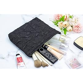 Makeup Bags for Purse Zipper Cosmetic Pouch Large Travel Canvas Make Up Organizer Tool Pouch for Women and Girls,Flower Black
