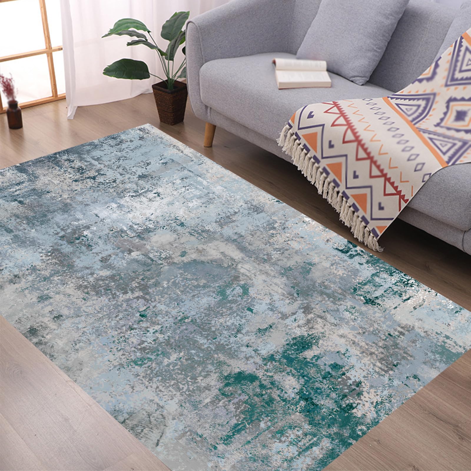 Tapis grand salon salle a manger moderne bleu vert gris blanc 200x300