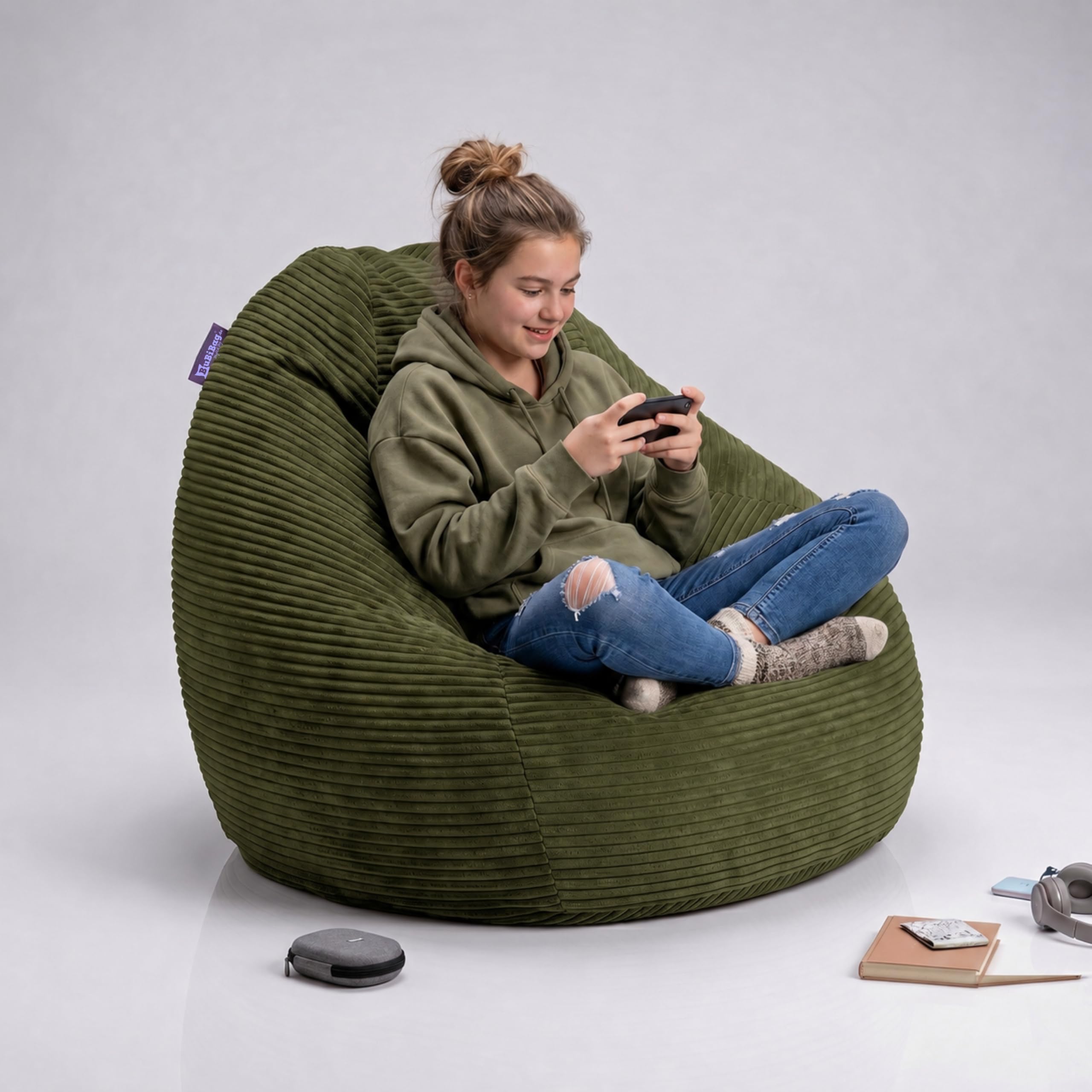 BuBiBag Sitzsack Cord fertig befüllt Öko-Tex X-Large 80x105 cm Indoor Gaming Sessel Bean Bag für Jugendliche & Erwachsene Olive