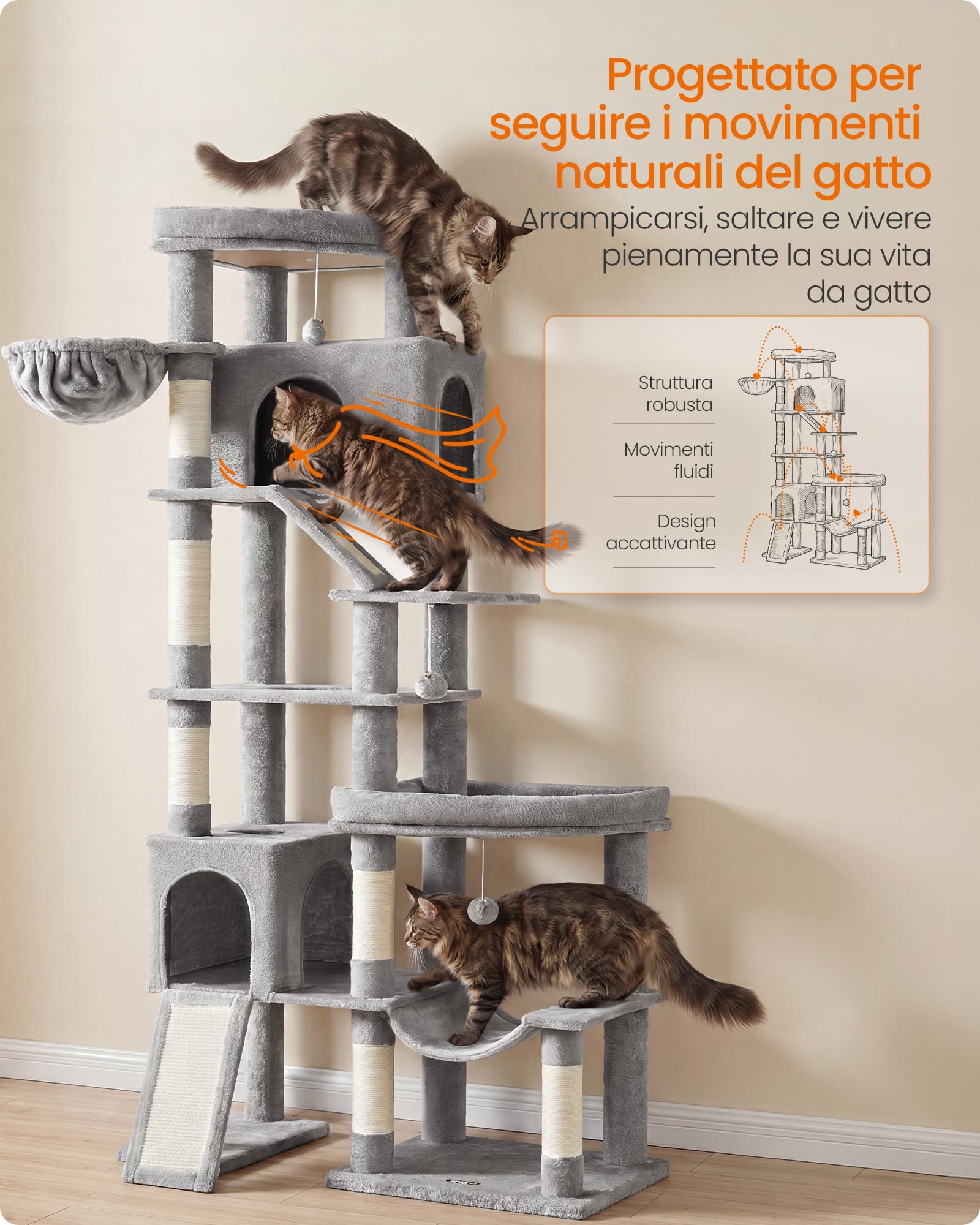 Feandrea Albero per Gatti XXL, Torre Tiragraffi in Sisal con Doppia Base, 6 Aree di Riposo, 133,5 x 67,5 x 202 cm, Grigio Tortora, per Gatti Grandi, Collezione Clawfy PCT020G101