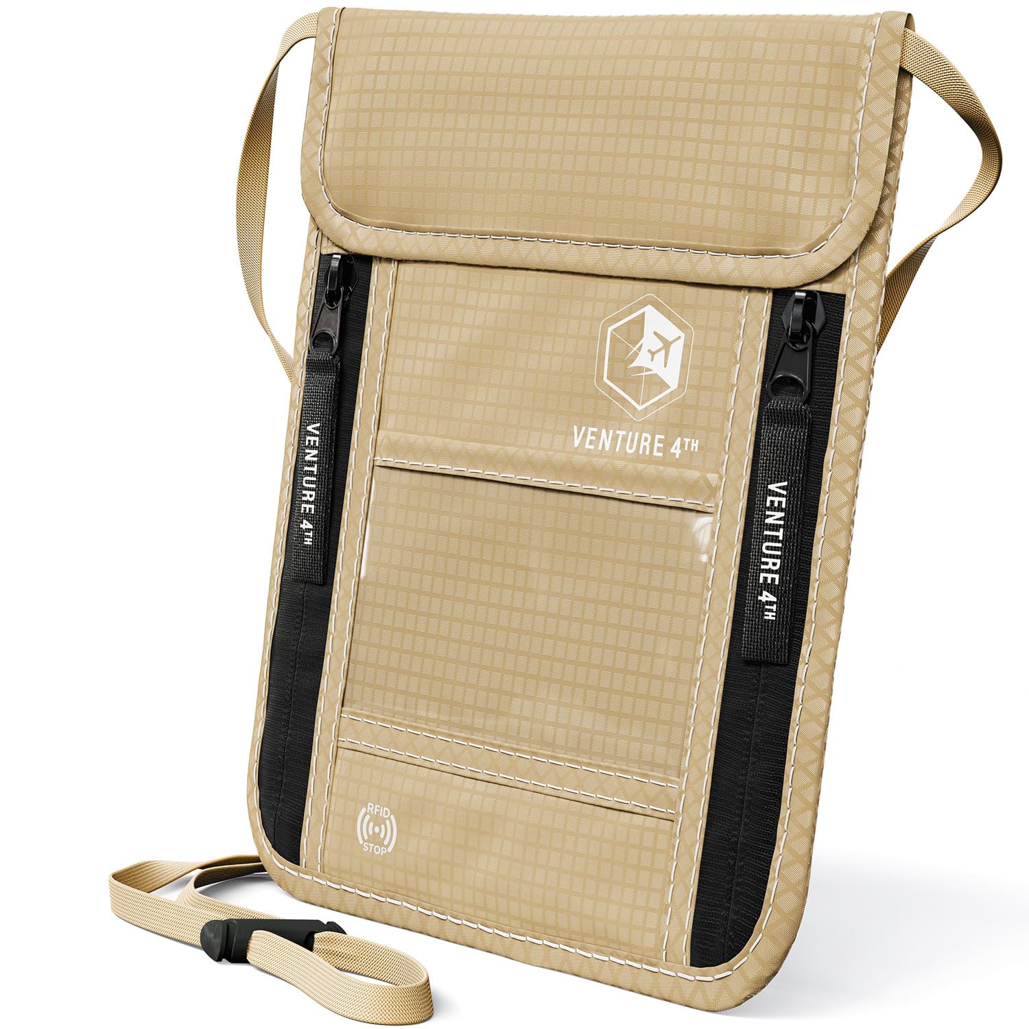 VENTURE 4TH Neck Wallet, RFID Blocking Passport Holder for Travel – Hidden Neck Pouch with 6 Compartments, Slim Lightweight Organizer with Adjustable Strap for Cash, Cards & Passport (Beige)