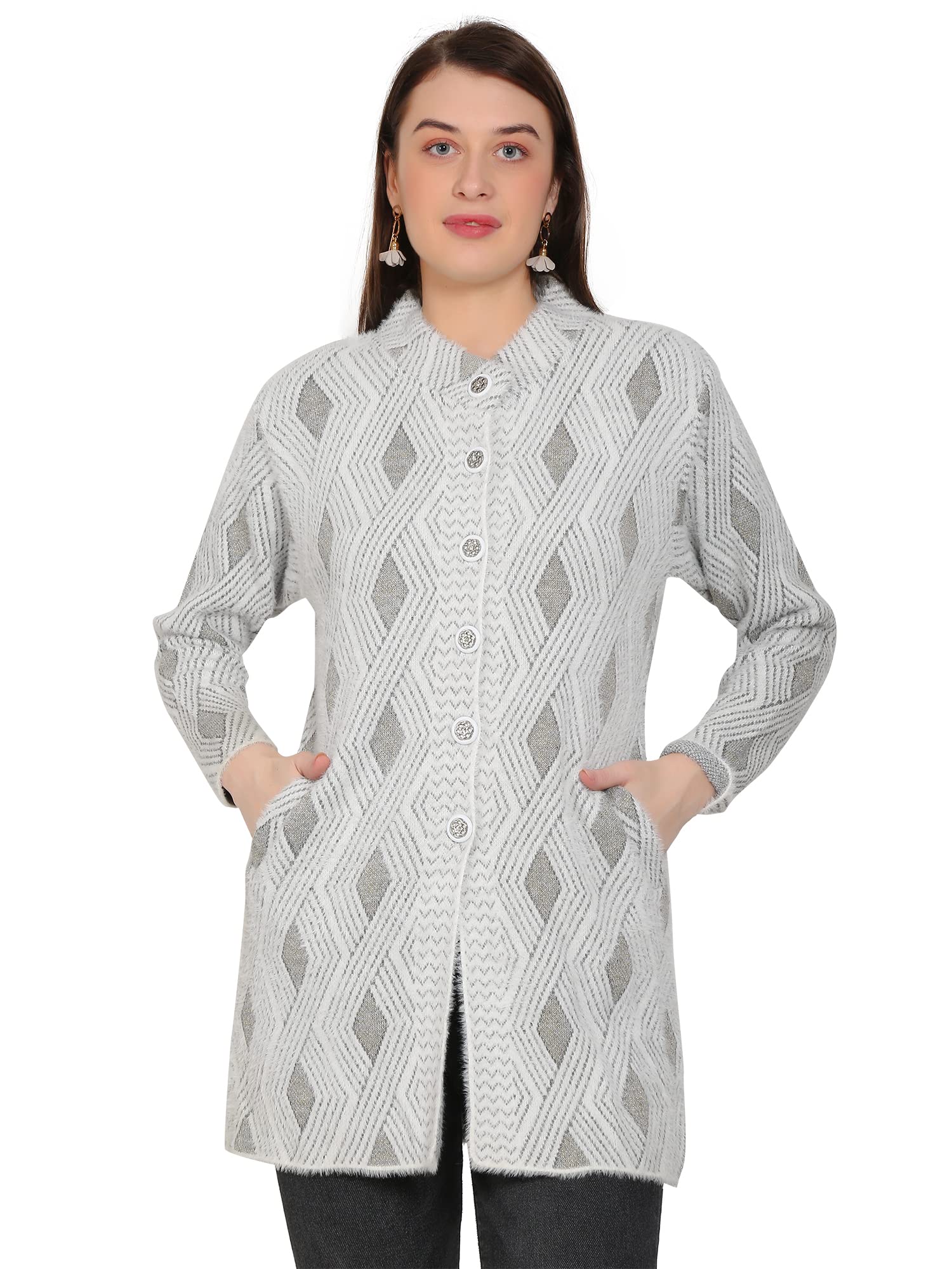 chatanya Premium Women's Winterwear Woolen Long Coat Sweater/Cardigan with Pocket (Made of Hair Feather Yarn Wool) (XL, White)-picture-3