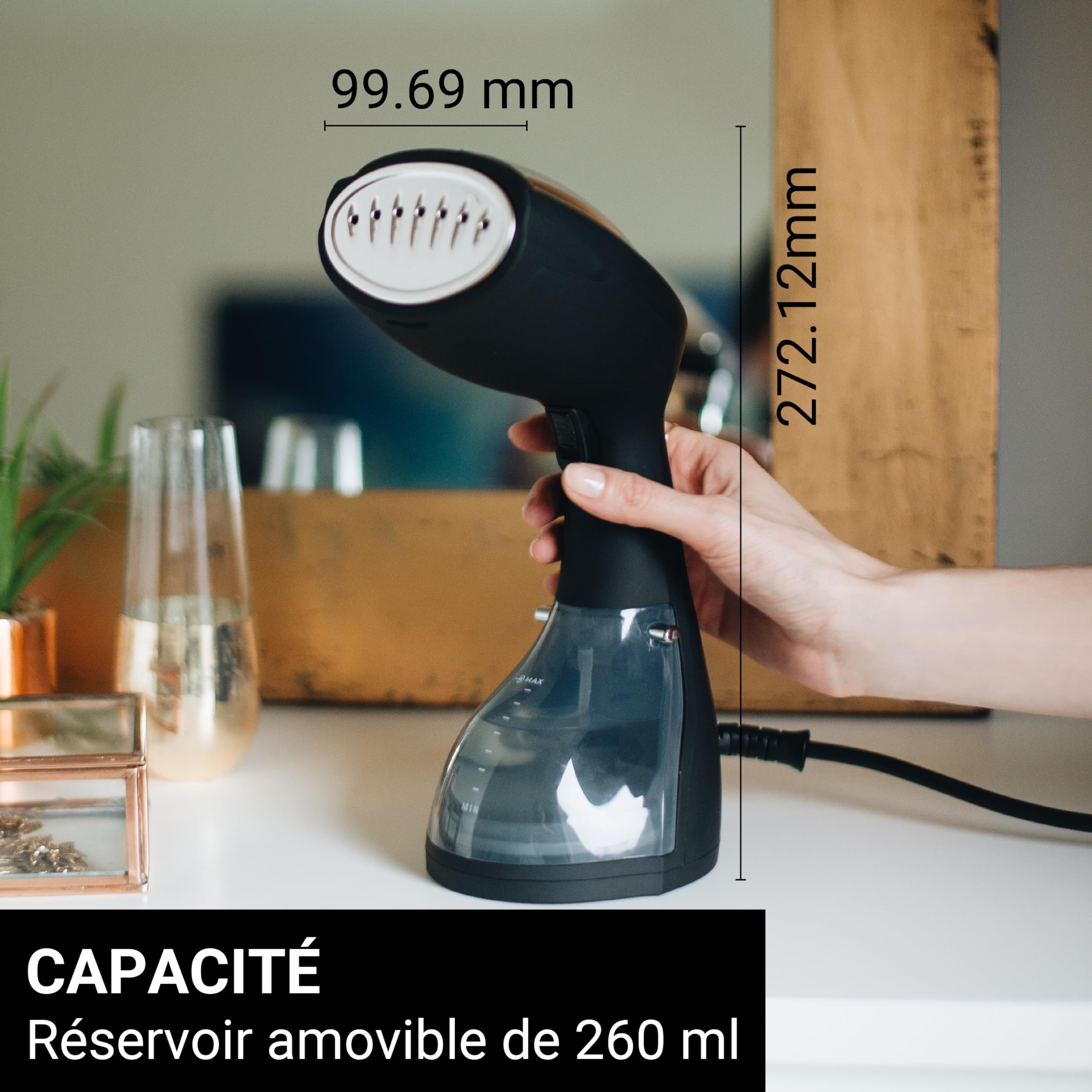 STEAMONE - Defroisseur Vapeur Portatif 1400W 24g/min - Steamer de Voyage, Autonomie 11min (260ml) - Prêt en 30s - Cable 2m - Intuitif et Performant - Tout Tissu EUTAC140B
