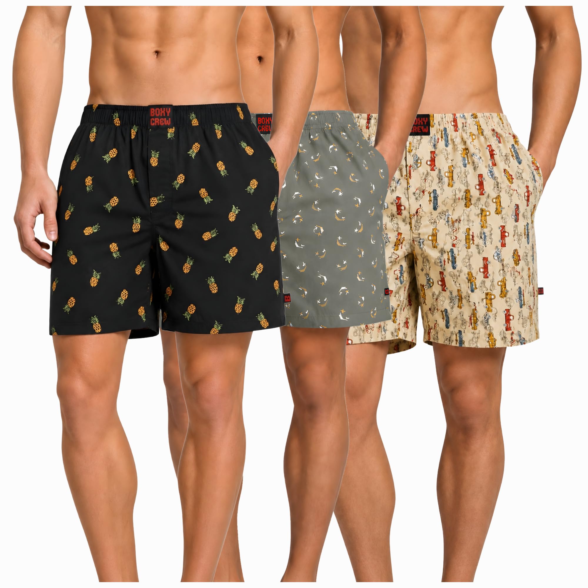 Men's 100% Cotton Boxer Shorts Pack of 3, Charcoal, Green & Beige | Woven Boxers with Side Pockets, No-Marks Elastic Waistband, Breathable Relaxed Fit | Style 004-008-013-image-45