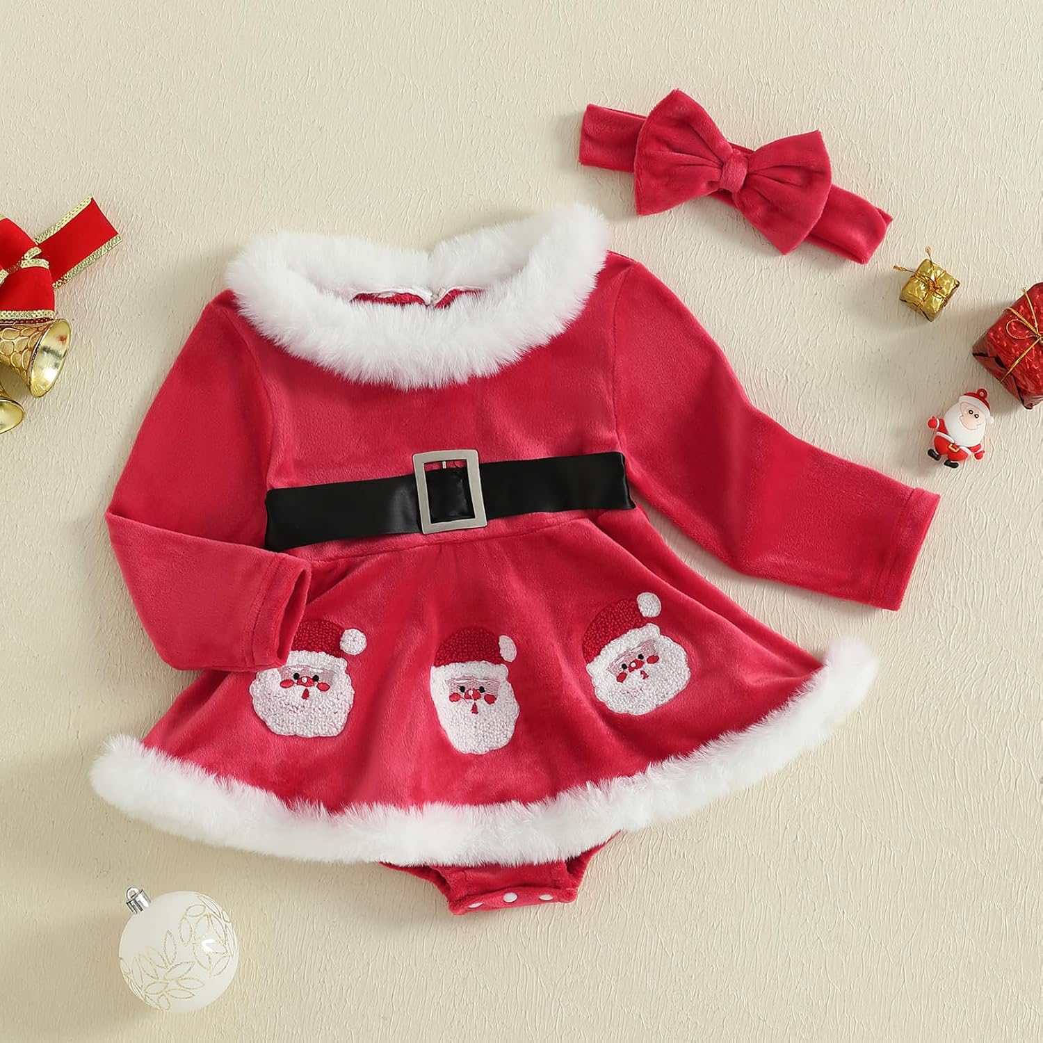 Kuriozud Newborn Baby Girl Christmas Outfit Long Sleeve Ruffle Romper Jumpsuit with Headband Cute Infant Girl Clothes - Image 4