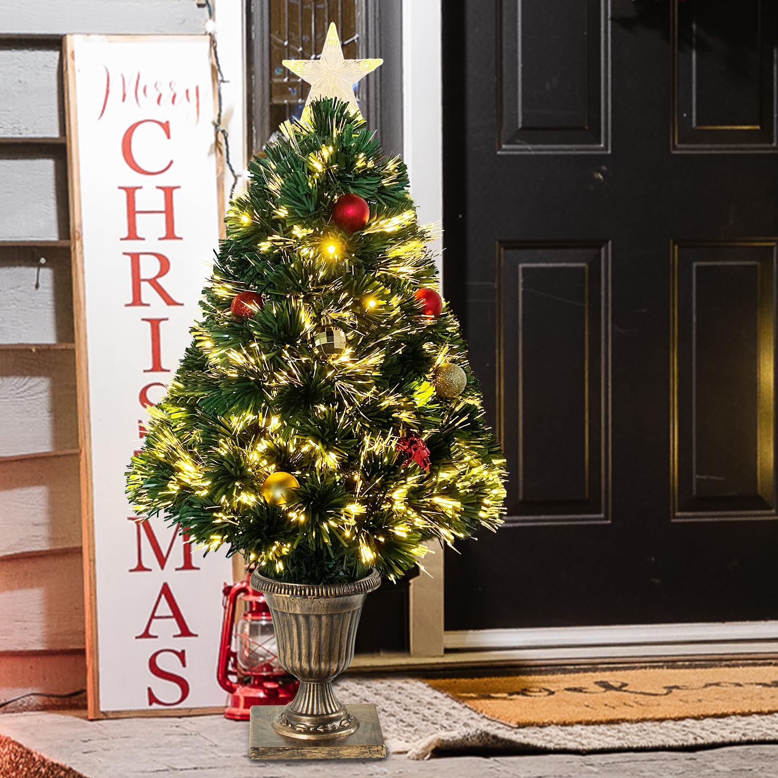 3Ft Pre-lit Optical Fiber Christmas Tree, Artificial Lighted Entrance Xmas Tree with Tree Topper Star and Hanging Ornaments Christmas Decorations for Yard Front Door Entryway