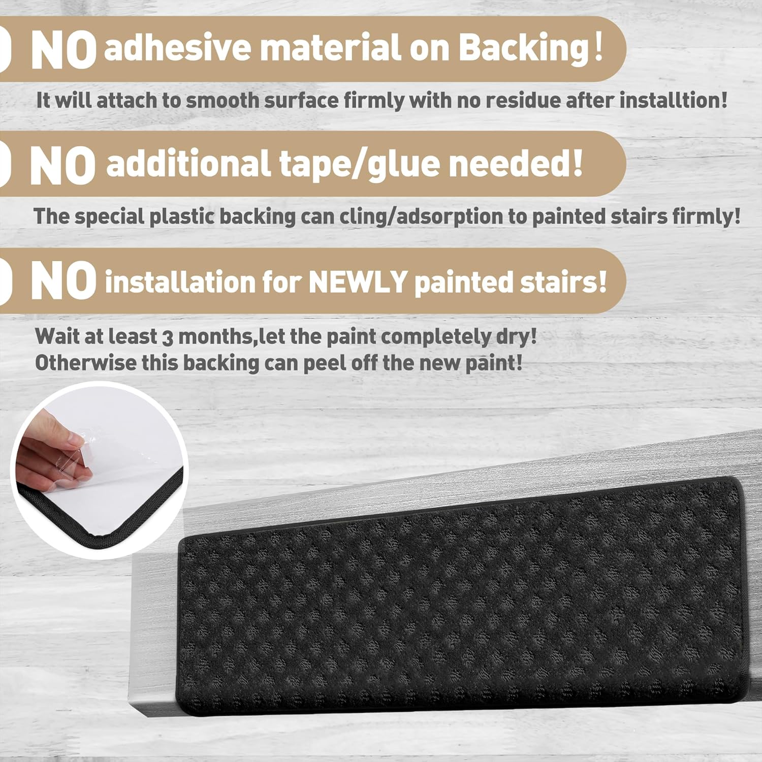 PURE ERA Bullnose Carpet Stair Treads Tape Free Non-Slip Indoor Stair Protectors Pet Friendly Stair Treads for Wooden Steps 9.5" x 30"(7 Pieces,Black Mini-Diamond Trellis)