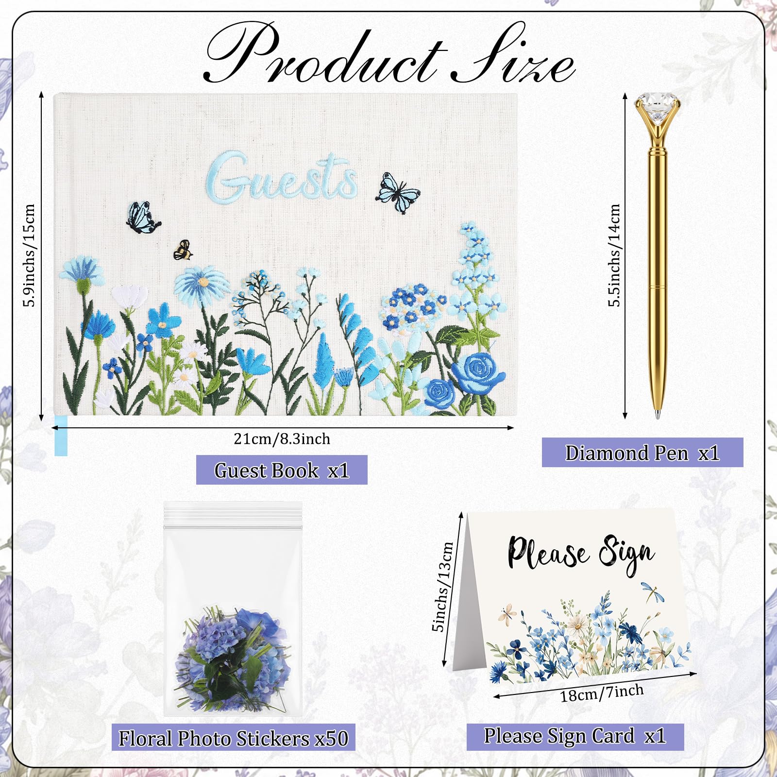 Ctosree Hochzeits-Gästebuch mit Stiften Wildblumen, besticktes Stoff-Fotoalbum, Hardcover, Gästebuch, Hochzeitsempfang für Babyparty, Party, Brautparty (Blau, 21,6 x 15,2 cm)