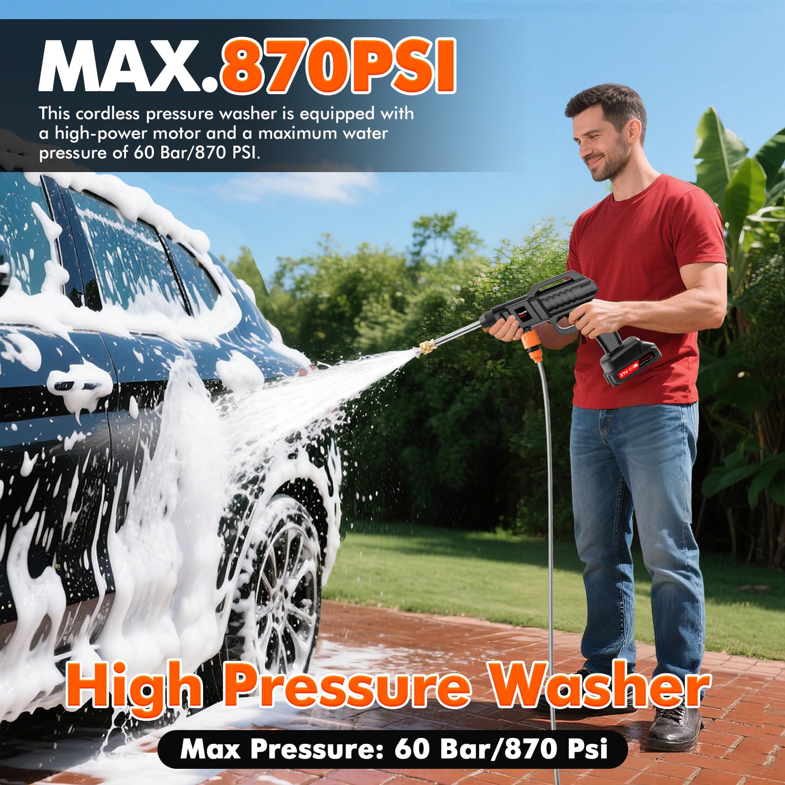 1500W Cordless Pressure Washers with Bucket,2 Batteries & 5m Hose,870PSI Portable Power Washer for Car Bike Patio Garden,High-Efficiency Battery Jet Wash for Outdoor Cleaning - 3