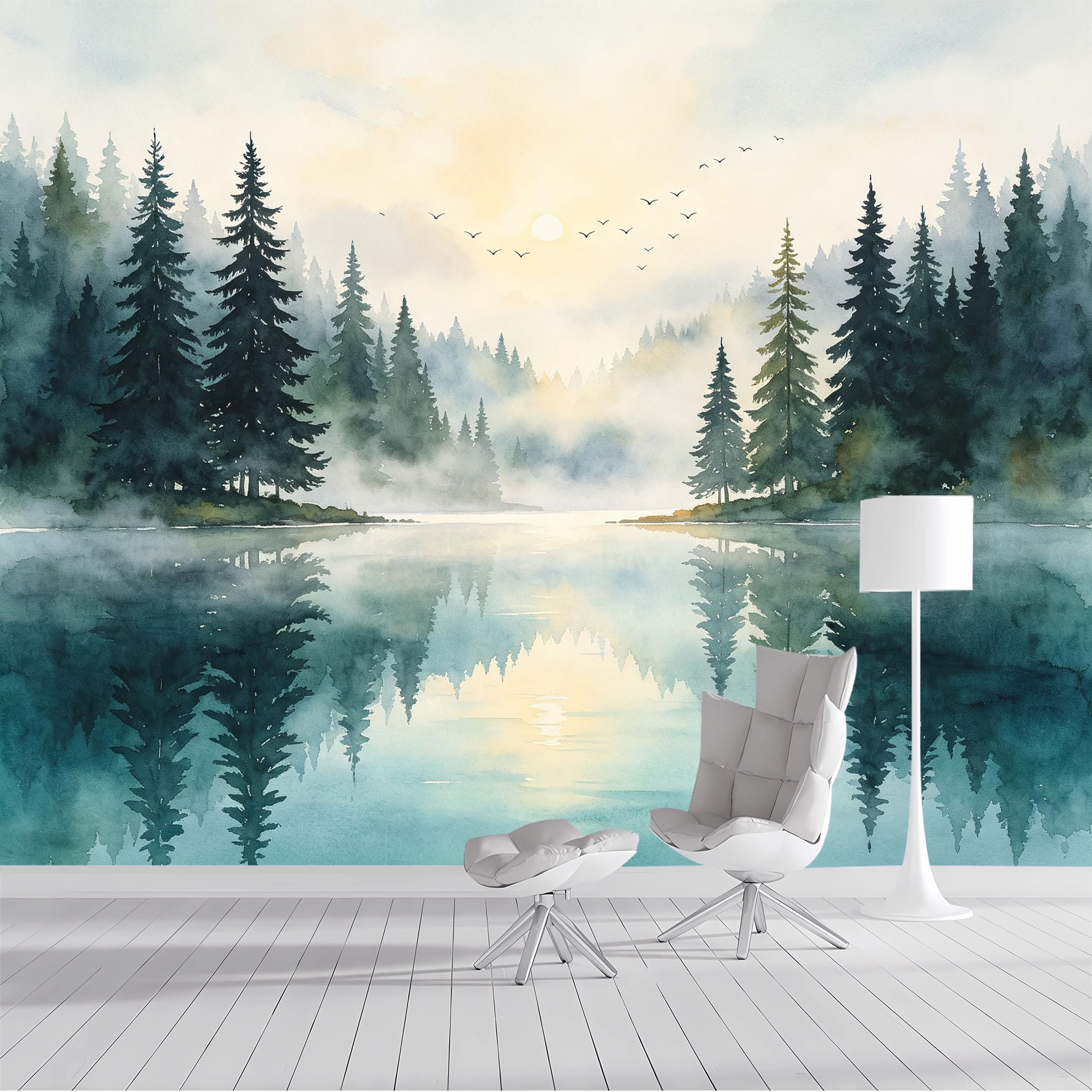 Custom Size Wall Mural Misty Forest Lake Watercolor SelfAdhesive Wall Fabric Removable Peel and Stick Wallpaper Wall Decor for Living Room Bedroom Bathroom