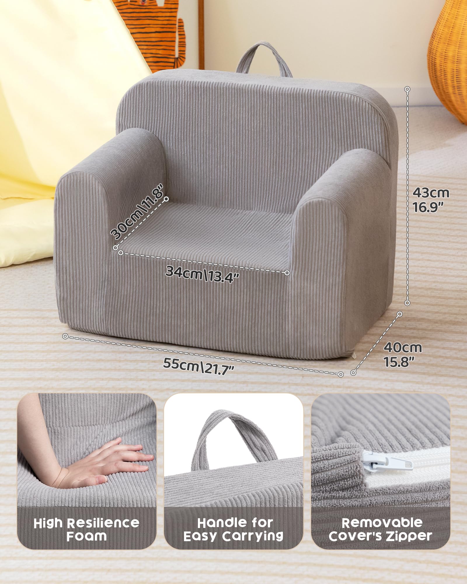 BEJOY Kinderstuhl Ultraweiches Kuschel-Schaumstoff-Sofa, Einzelsitz Cord-Lesecouch für Jungen und Mädchen, Grau