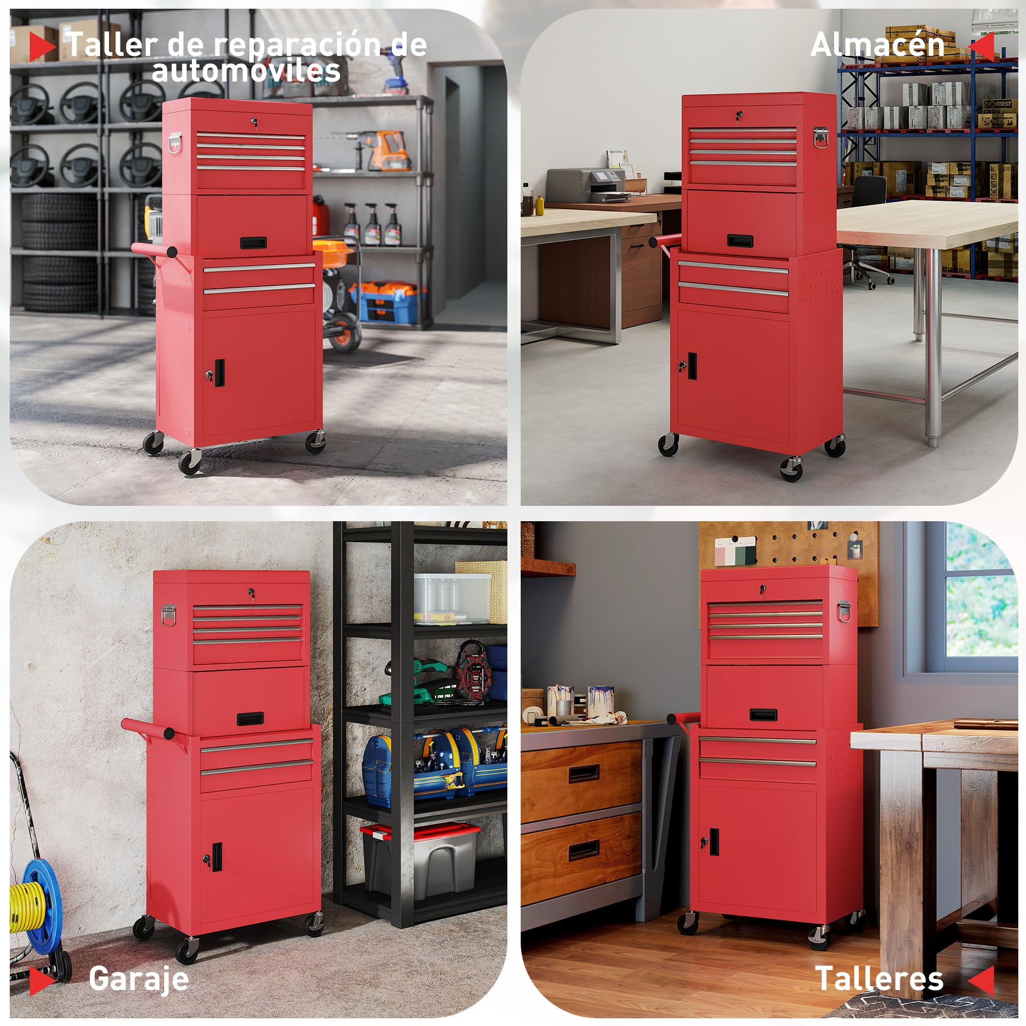 HOMCOM Carro de Herramientas con 6 Cajones y Cerraduras, 3 en 1, Carro de Taller Móvil con Ruedas y Panel Lateral Perforado, Caja de Herramientas Desmontable de Acero, para Taller, Garaje, Rojo