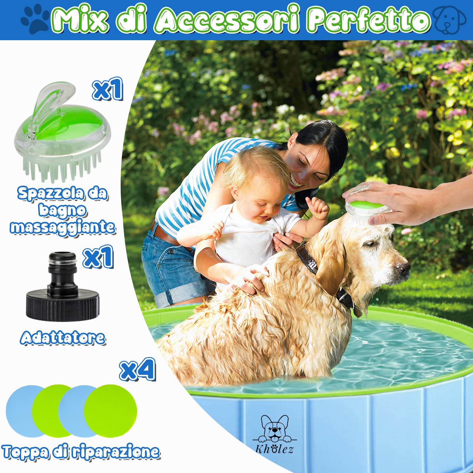 KHOLEZ 120x30CM Piscina per Cani Grandi Piccoli, Vasca da Bagno per Cani, Piscina Bambini Pieghevole, Piscina Portatile Stabile e Antiscivolo con Spazzola da Bagno, Valvola di Scarico, Toppe in PVC x4