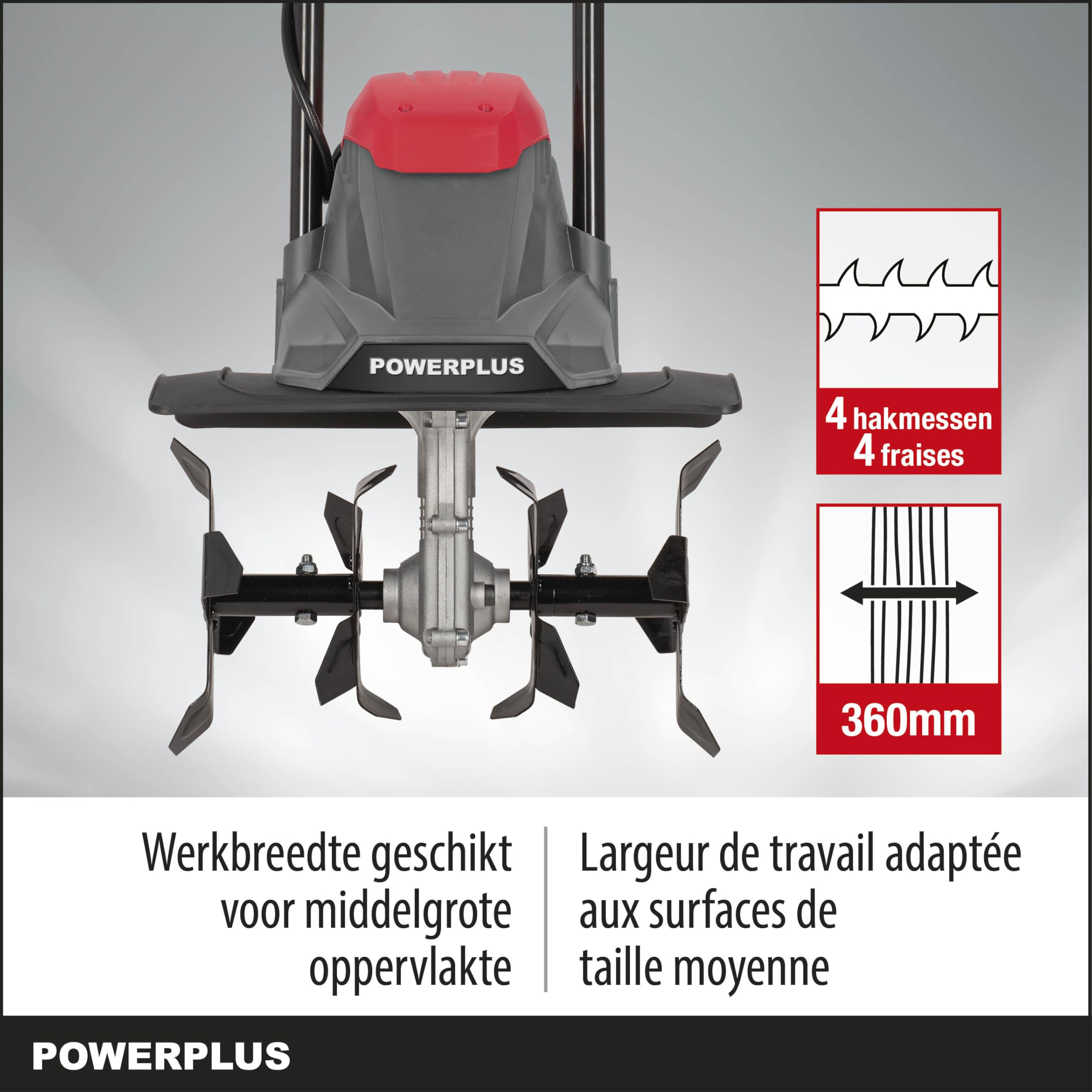 Powerplus elektryczna glebogryzarka ogrodowa POWEG70100 jako wertykulator i glebogryzarka do ogrodu – 1200 W – szerokość robocza 360 mm – głębokość robocza maks. 220 mm – w zestawie 4 noże